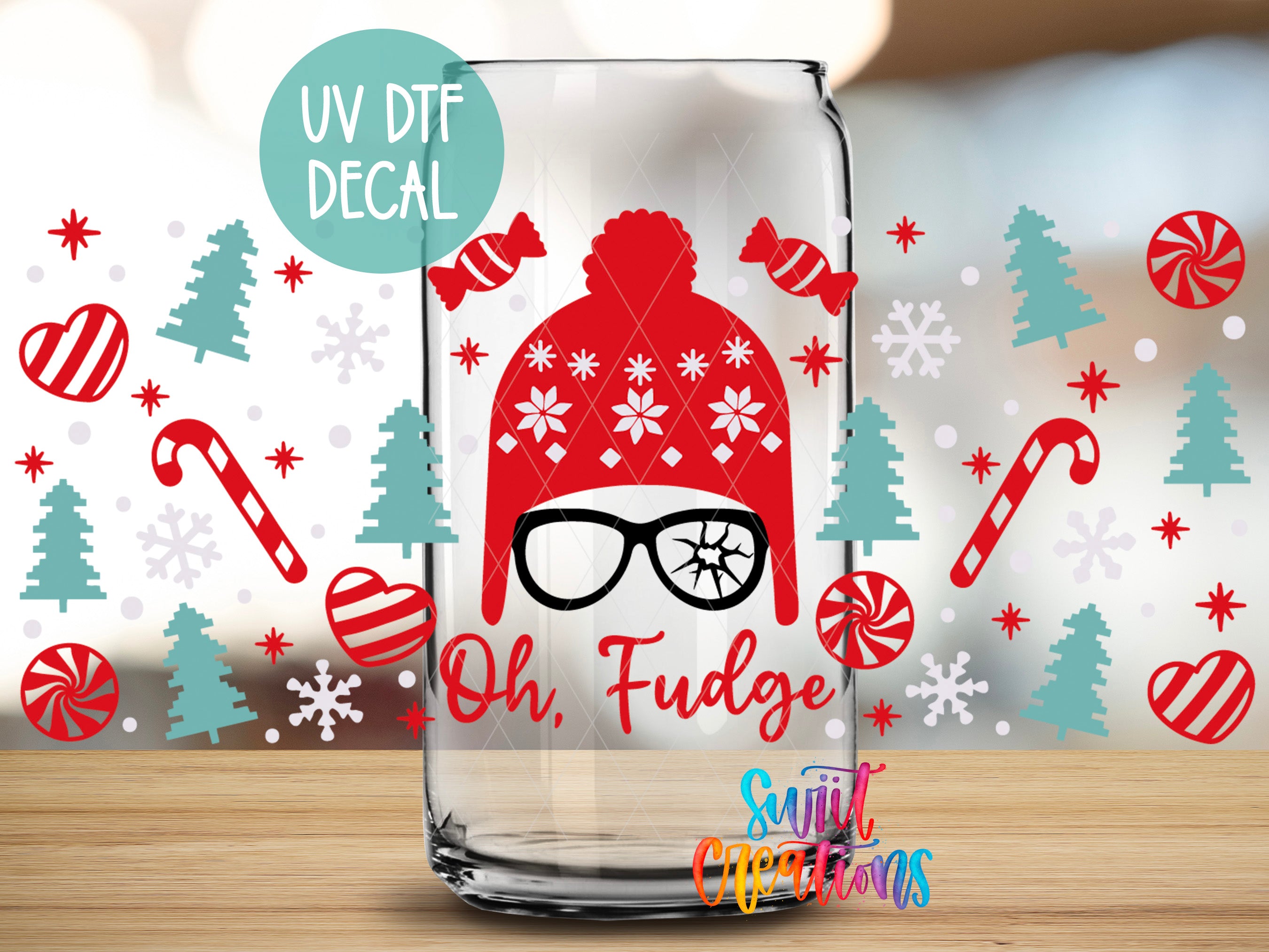 A glass with a red hat and glasses on it, surrounded by Christmas-themed decorations such as snowflakes, candy canes, and pine trees.