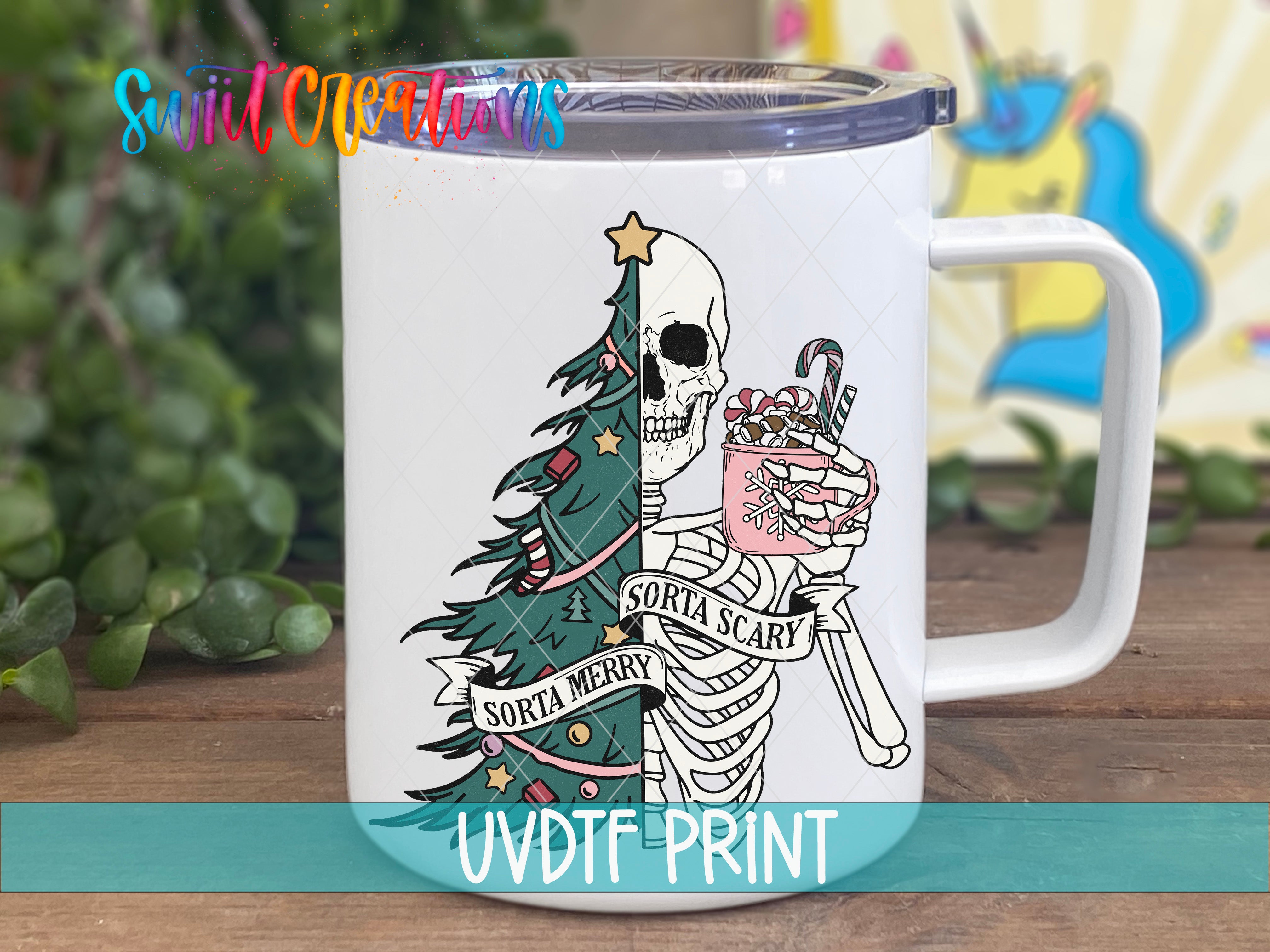 a white coffee mug with a skeleton holding a christmas tree