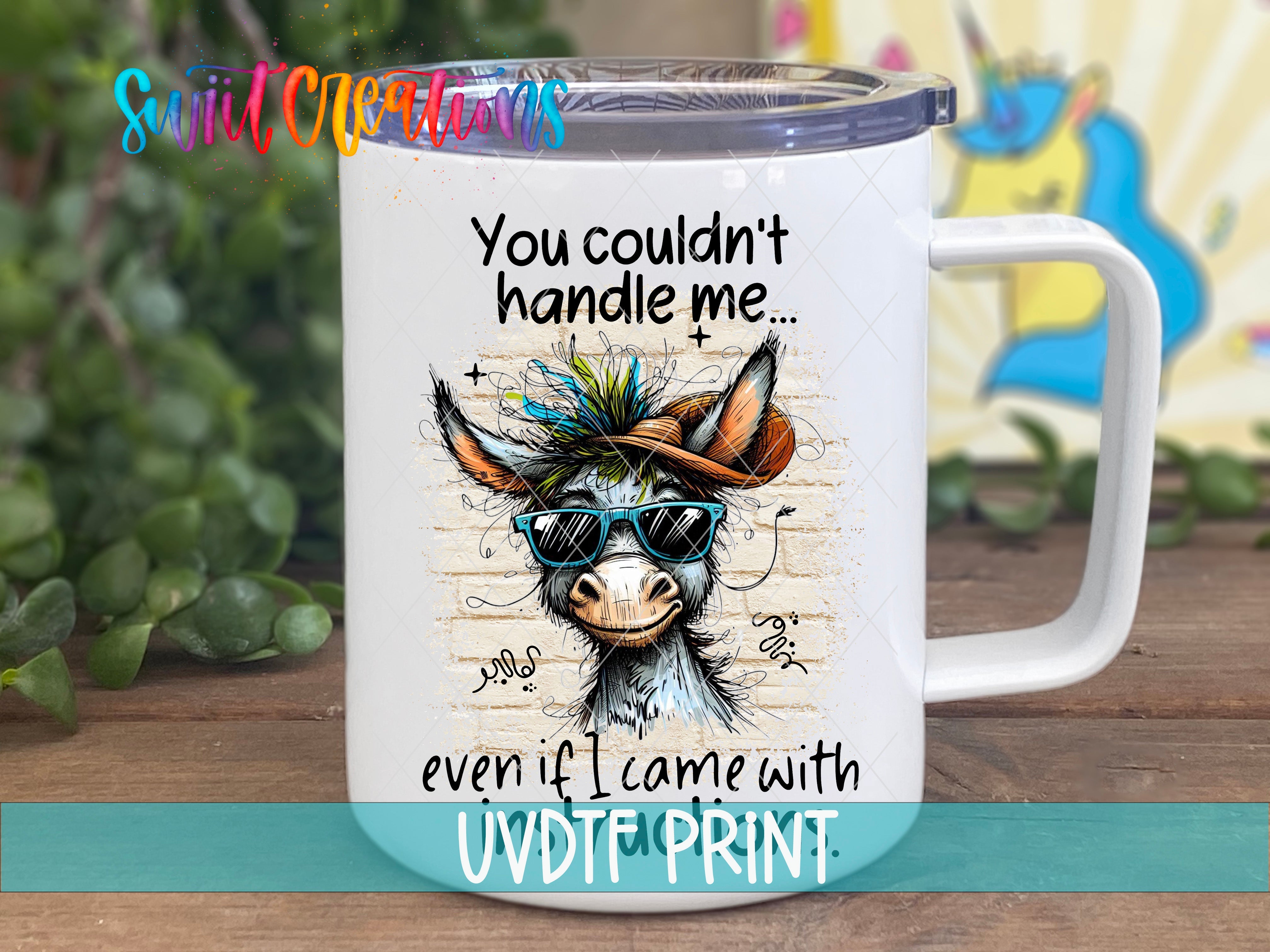 a white coffee mug with a cow wearing sunglasses