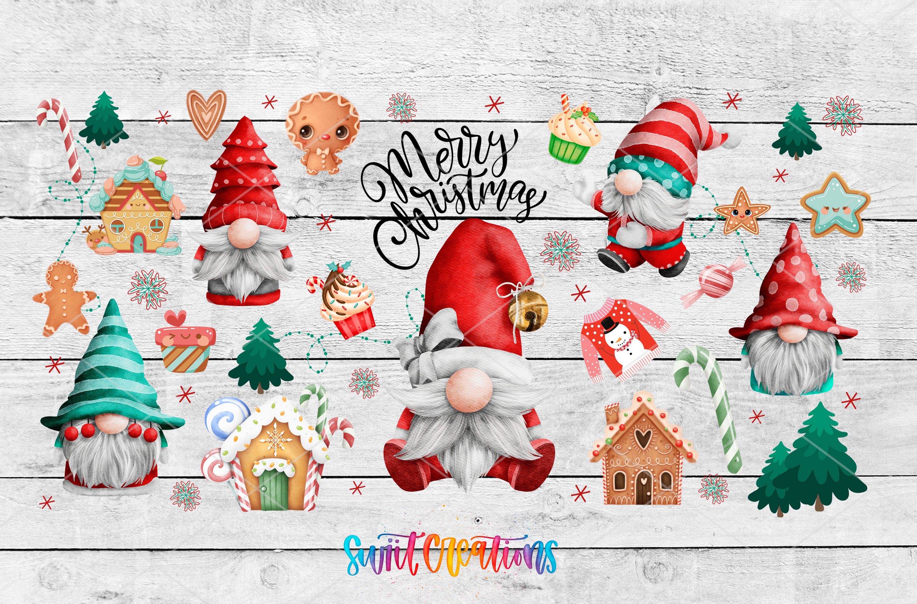 a christmas scene with gnomes and gingerbreads