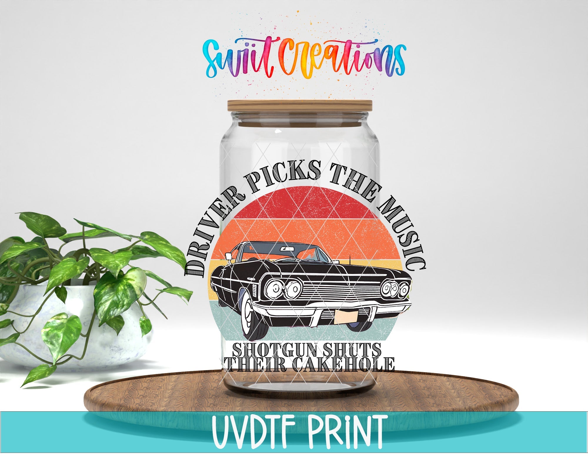 a glass jar with a picture of a car on it