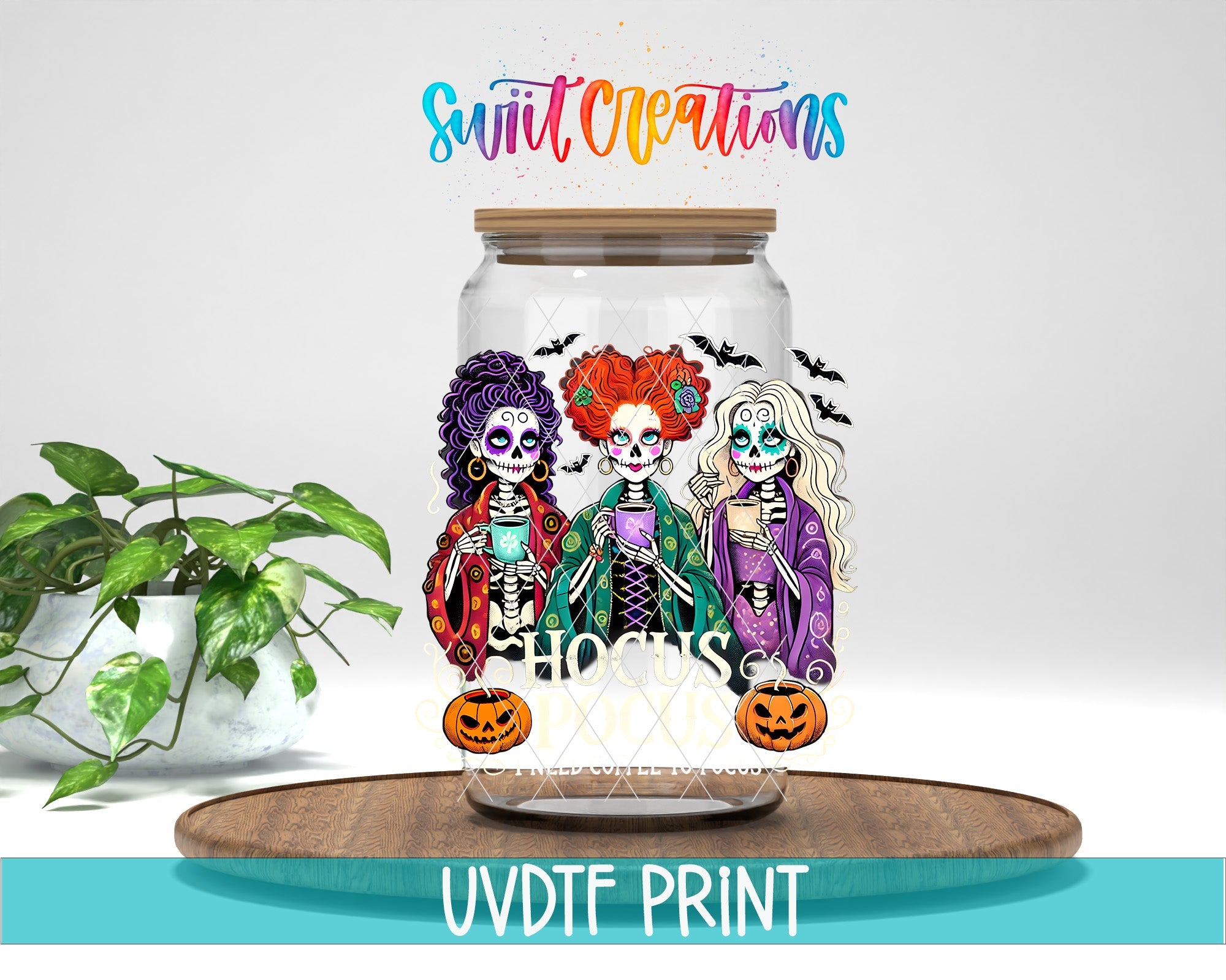a glass jar with a picture of three skeletons in it