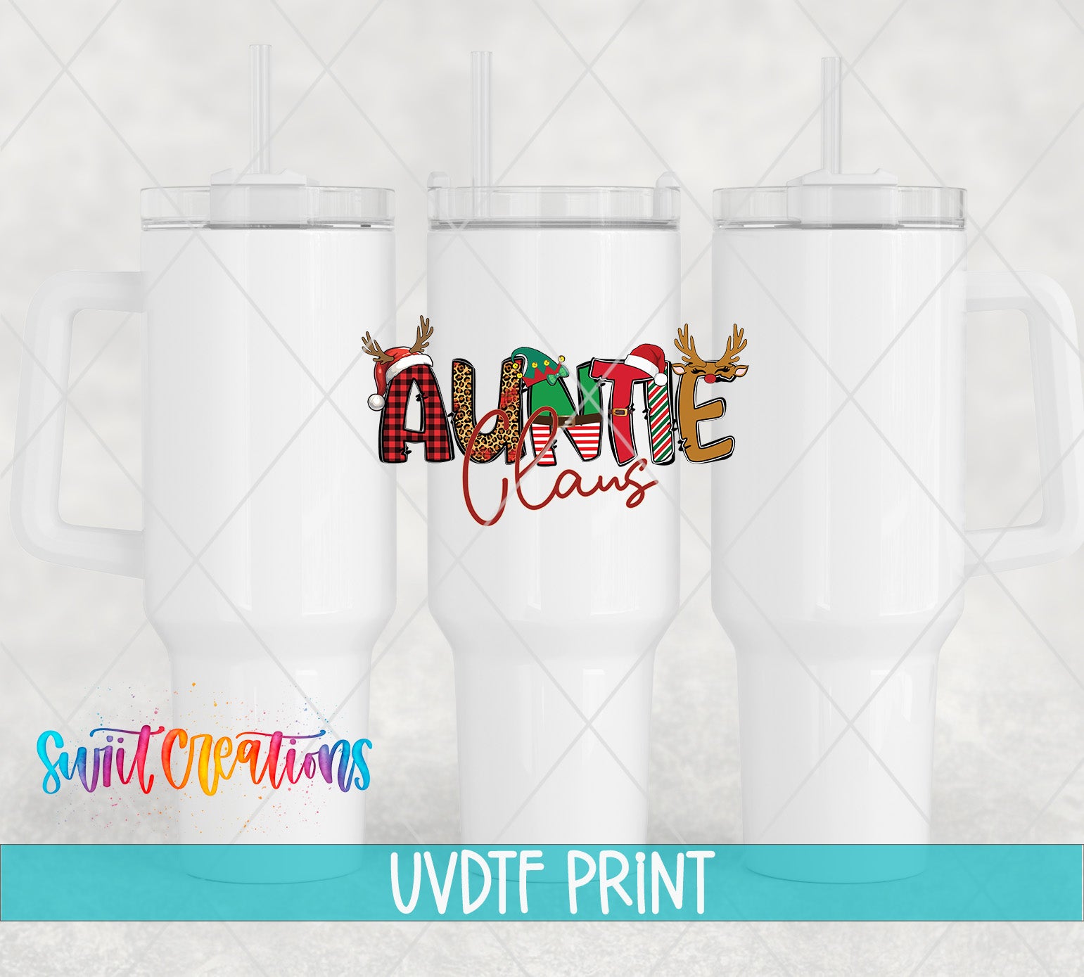 three white tumblers with a colorful and festive design on them, including the text "Auntie Claws" and a Santa Claus-like character.