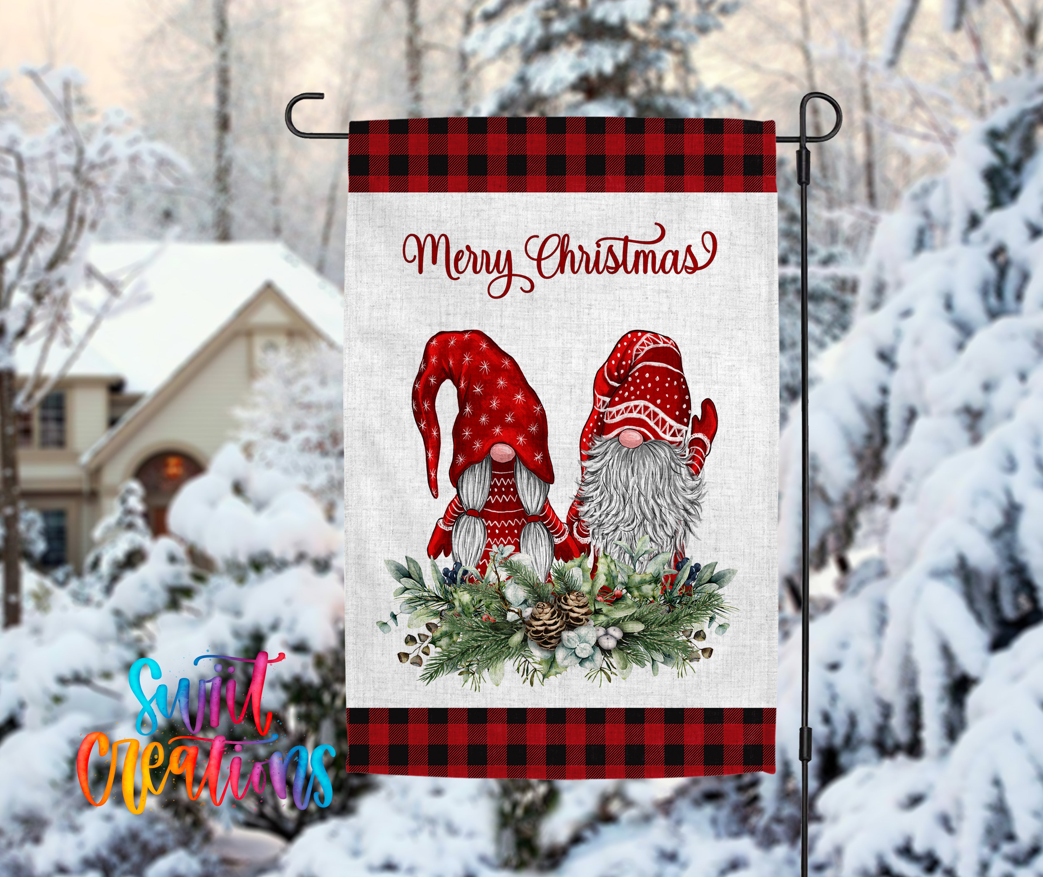 A banner with a Christmas-themed illustration of two gnomes, one red and one white, standing on a snowy landscape with pine trees in the background.