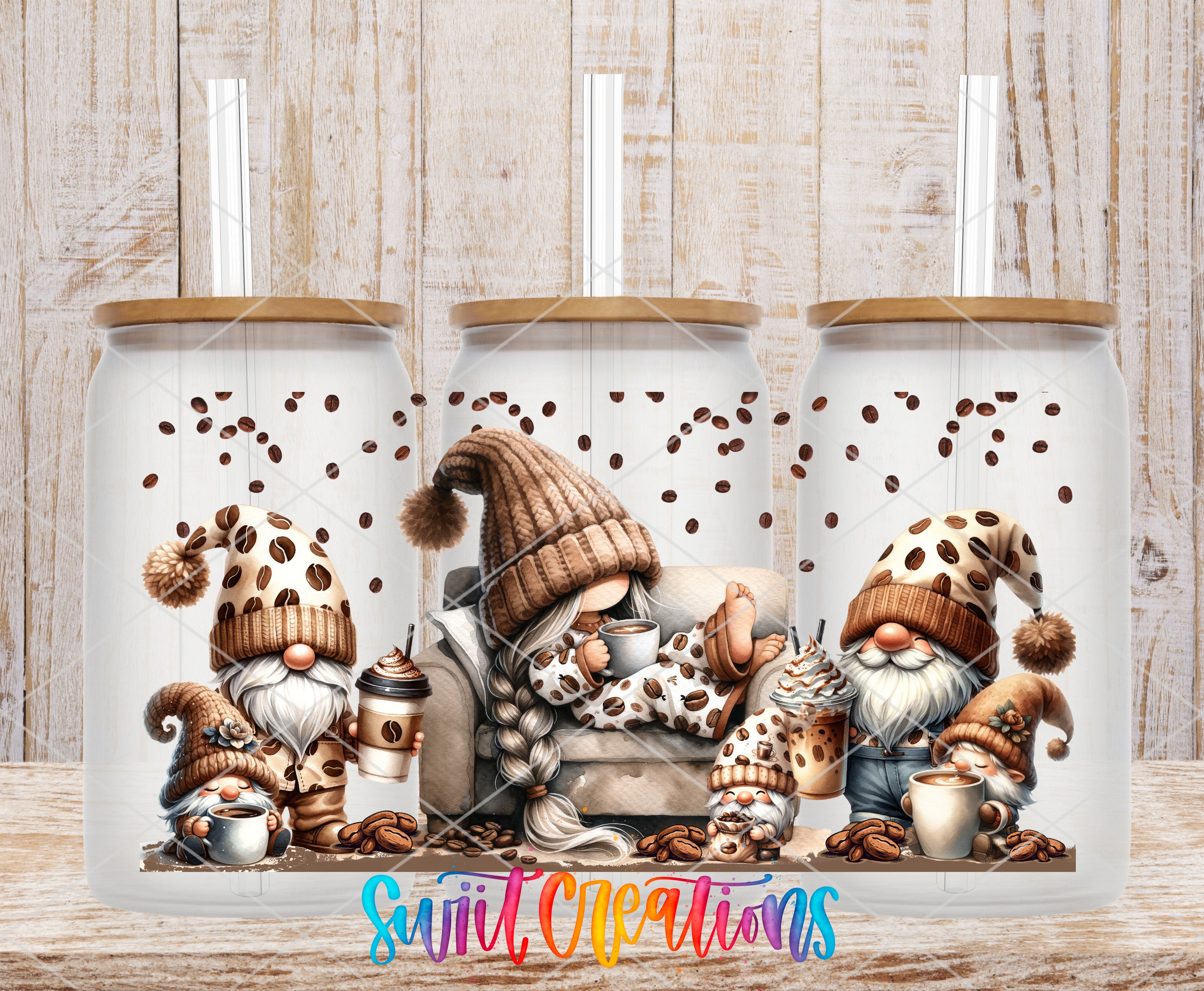 A collage of three glass jars with gnome illustrations on them, each containing coffee beans and coffee cups.