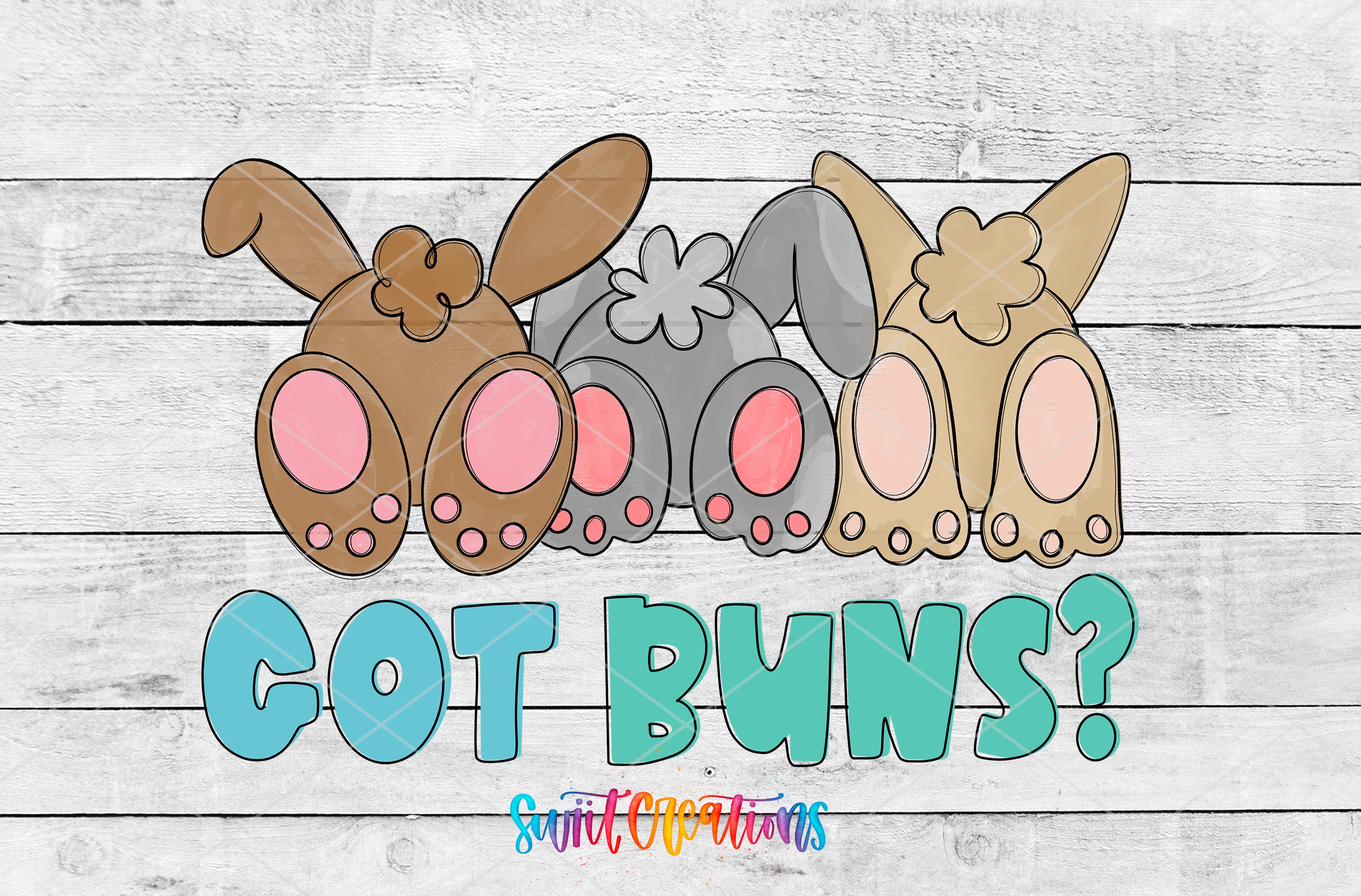 A group of cartoon rabbit ears with the text "GOT BUNS?" below them, set against a white wooden background.