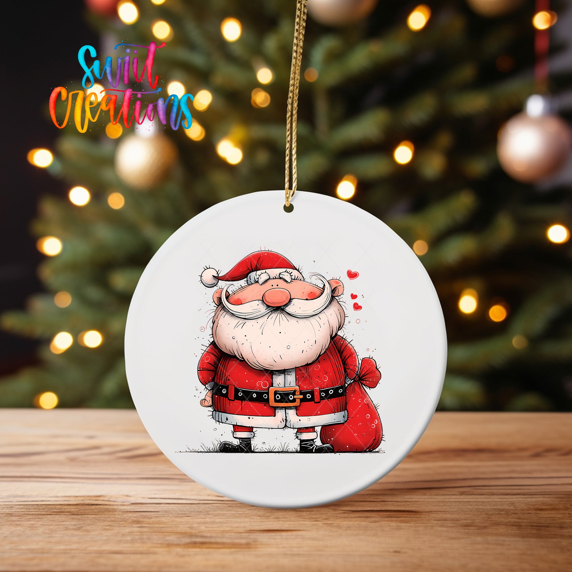 A white ceramic ornament featuring a cartoon illustration of Santa Claus wearing a red suit and holding a sack of presents.
