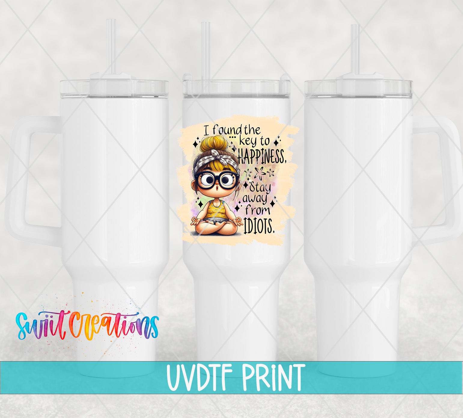 a white tumbler with a printed design on it, including a cartoon character and text.