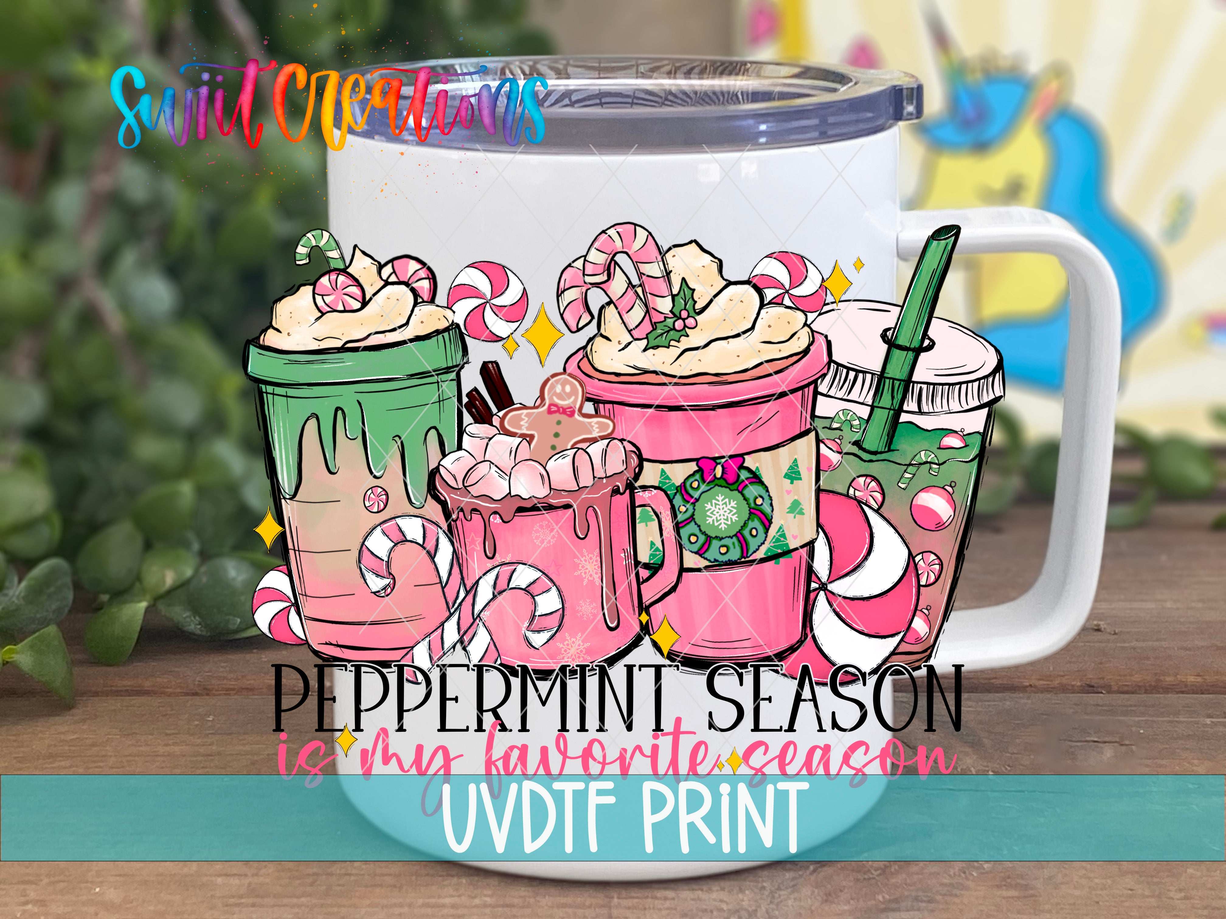 A mug with a colorful illustration of peppermint-themed drinks, including hot chocolate, peppermint tea, and peppermint-flavored ice cream, along with candy canes and other festive decorations.