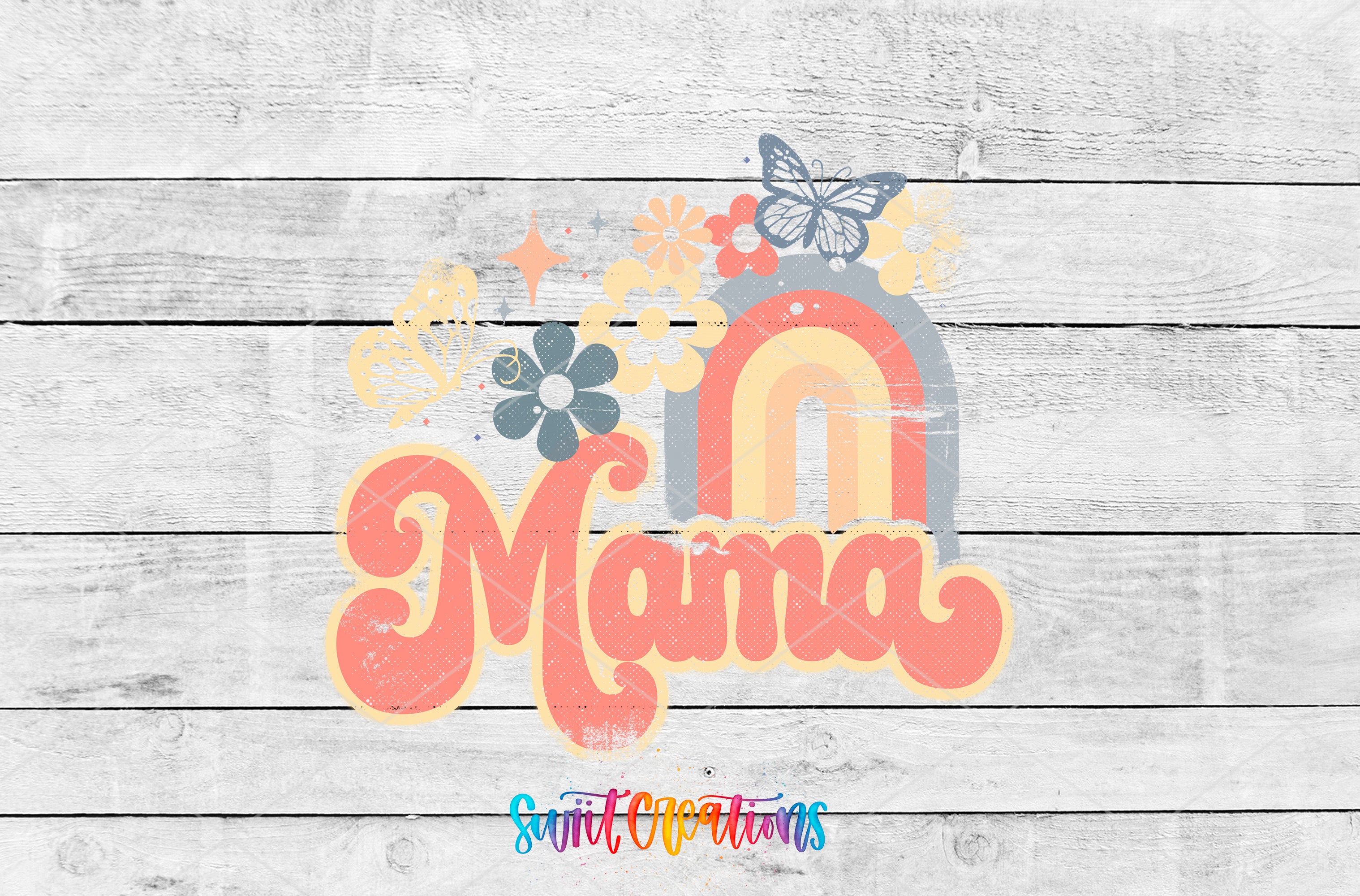 Swiit Creations UV DTF Mama Rainbow Floral transfer shown as the full artwork preview