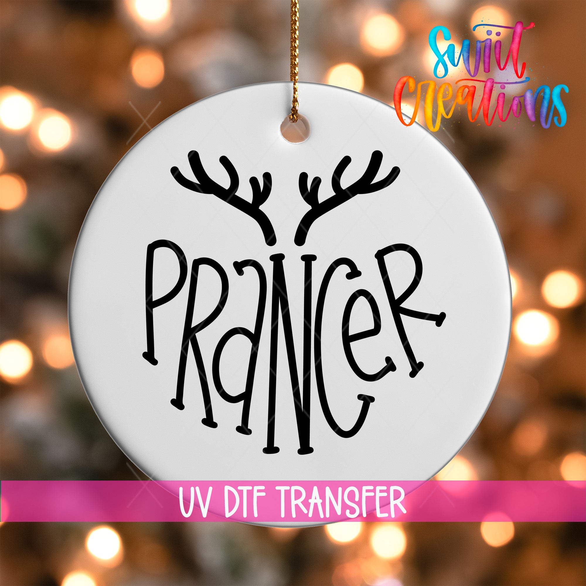 A white ornament with the word "PRANNER" written on it, hanging against a background of colorful lights.
