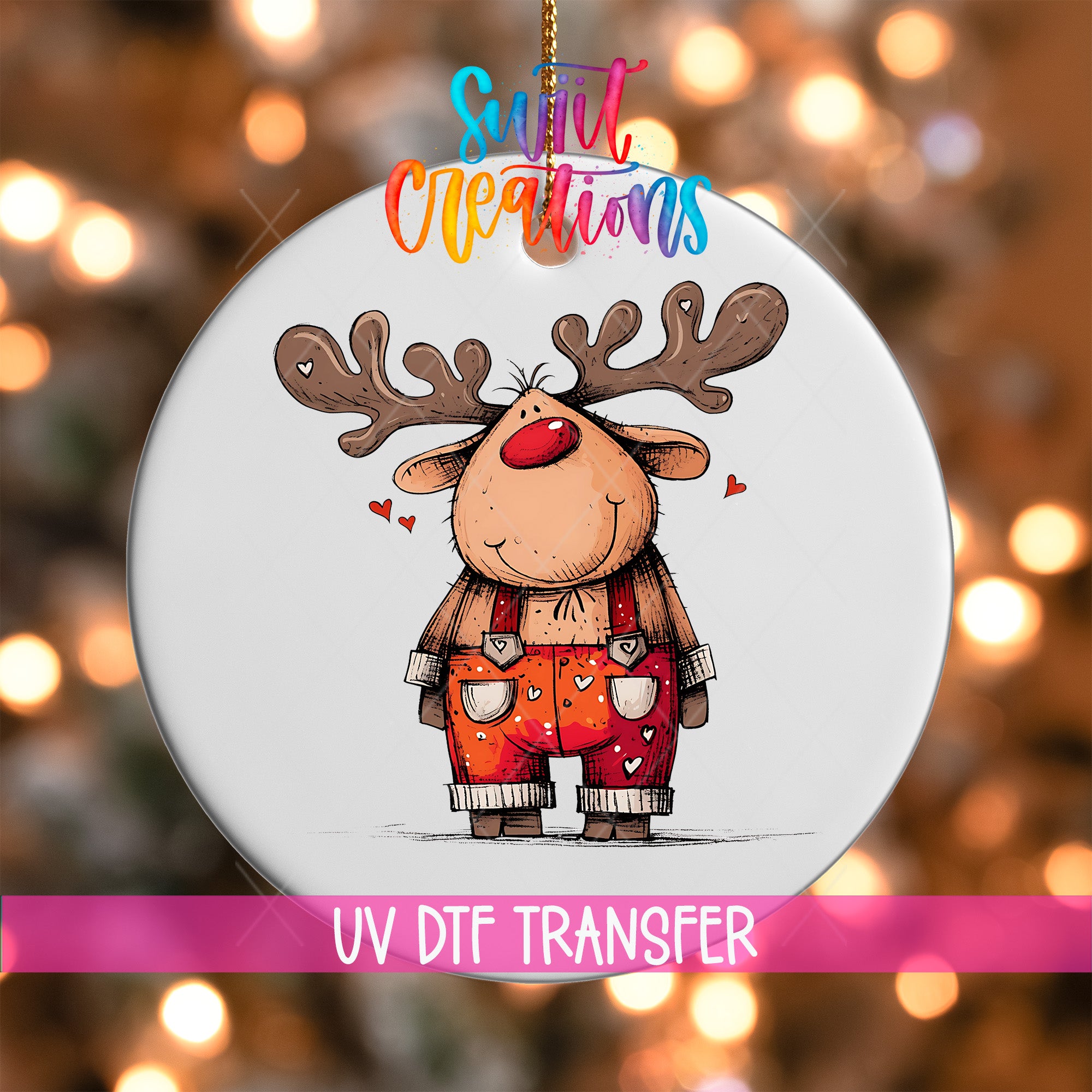 A white ornament with a cartoon reindeer wearing red overalls and antlers, with the text "Sweet Creations" above it.