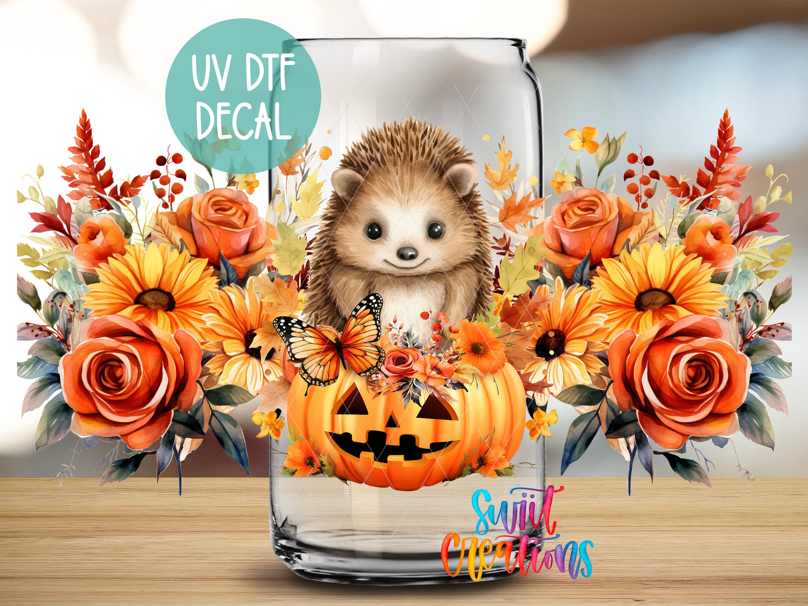 a picture of a hedge in a glass with flowers and a pumpkin