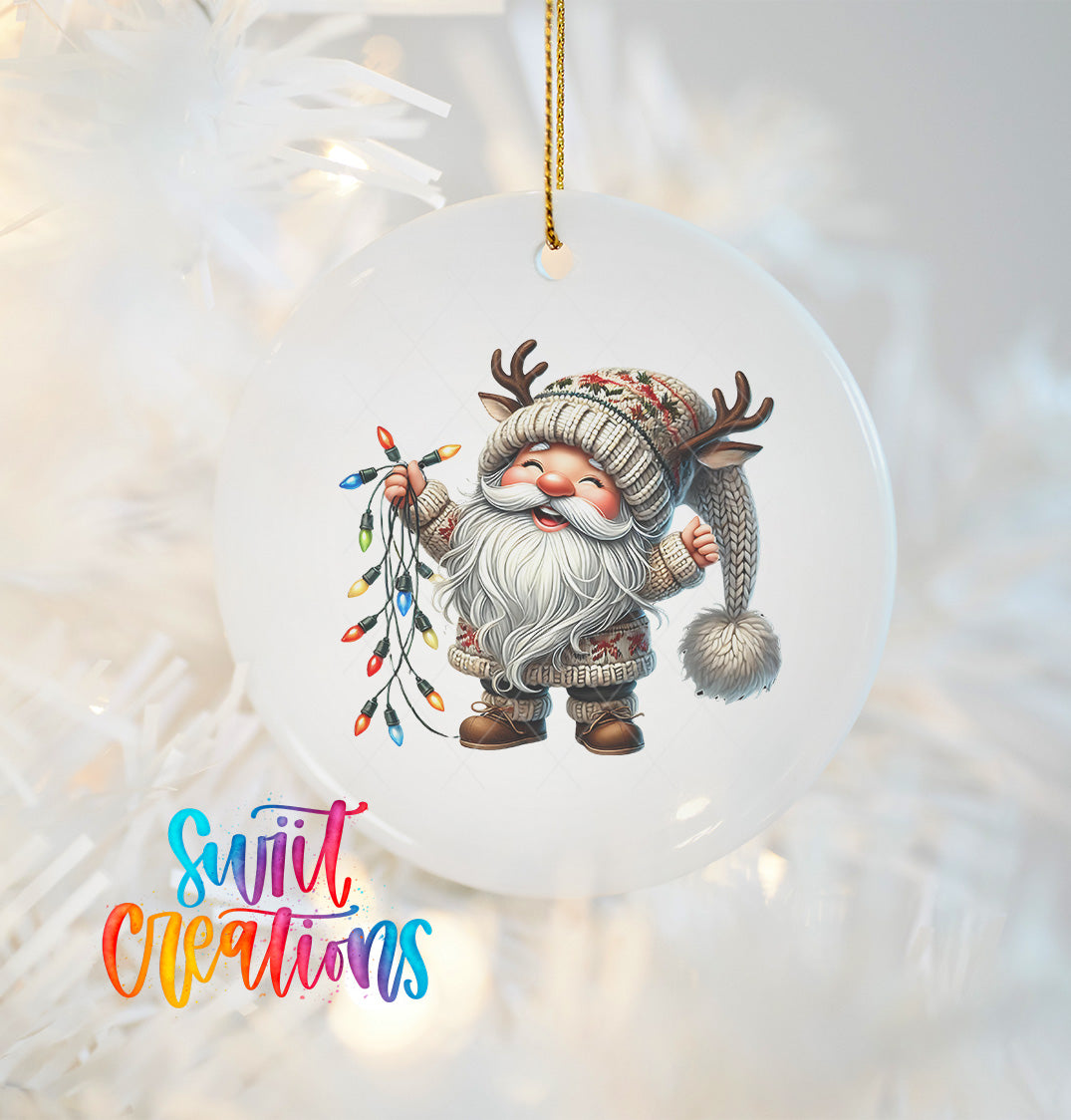 A white ornament featuring a smiling gnome holding a string of colorful Christmas lights.