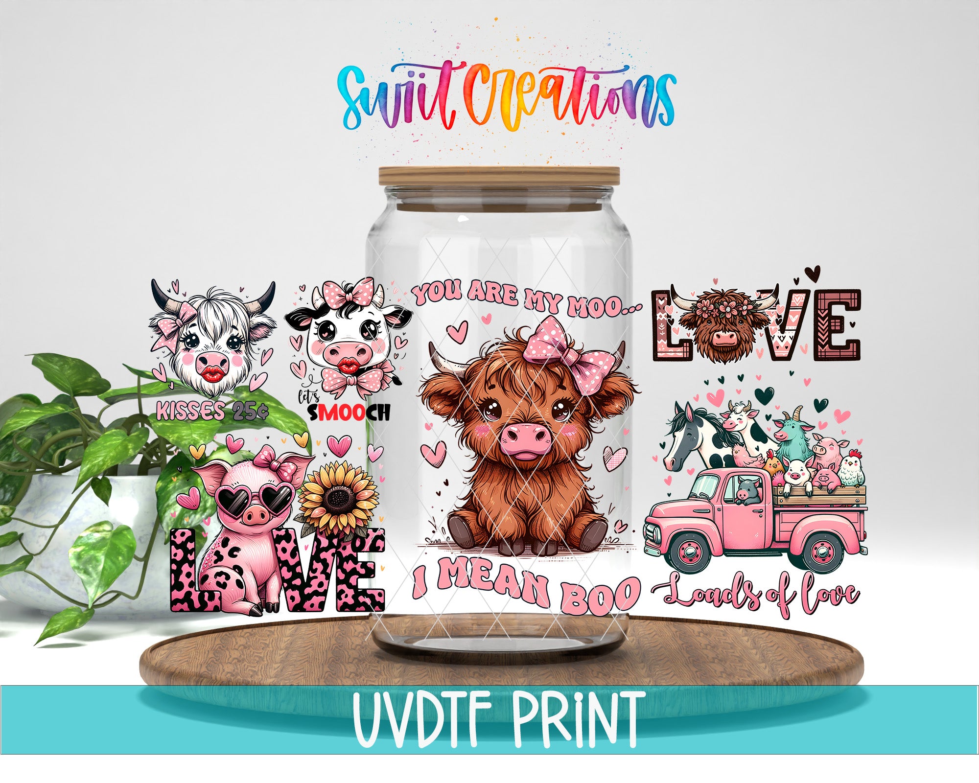 The image is a collage featuring a glass jar with a cartoon cow inside, surrounded by various farm animals and text.