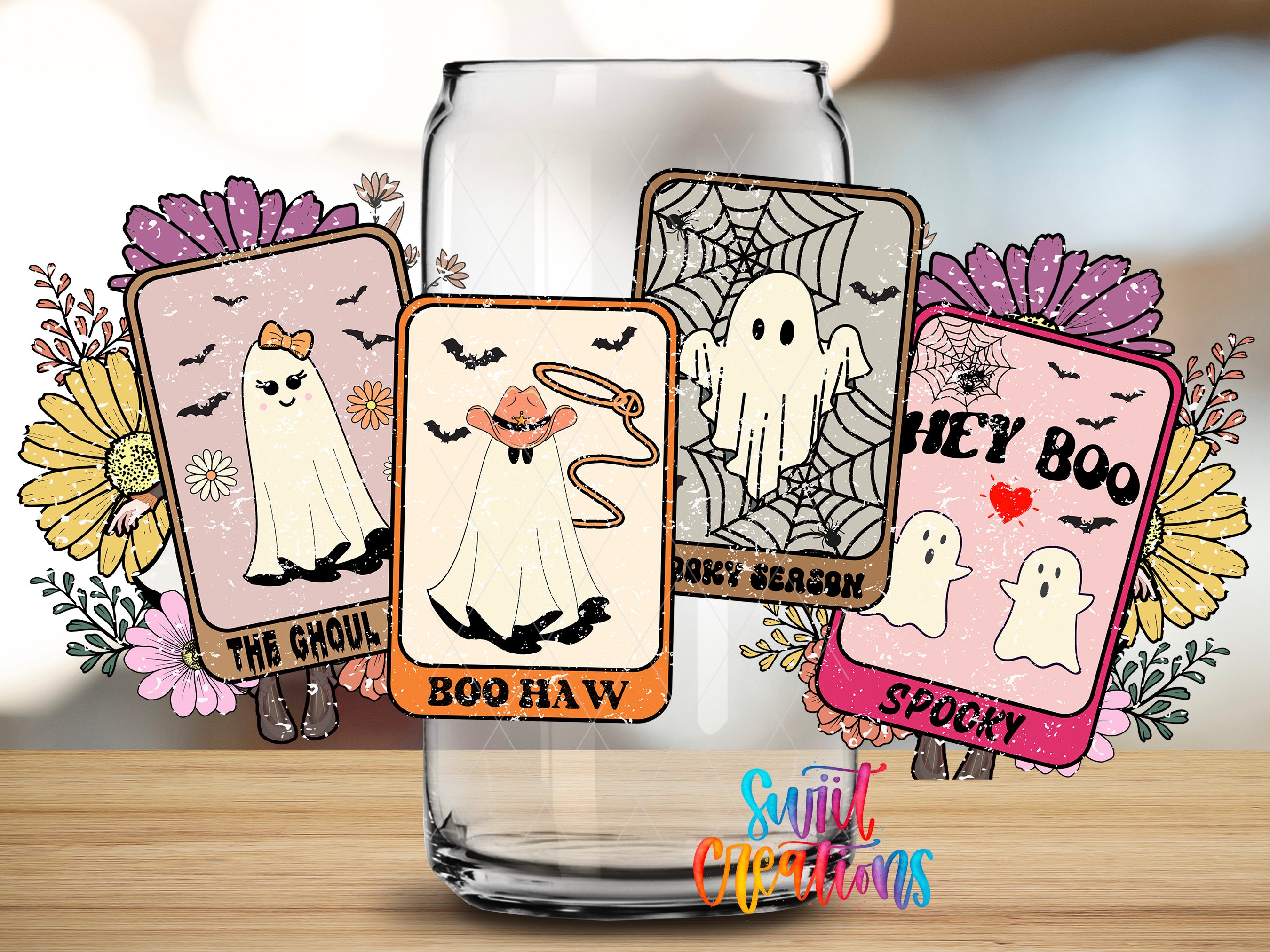 a collection of Halloween-themed stickers with various ghostly and spooky illustrations, including a ghost with a lasso, a ghost with a heart, and a ghost with the words "HEY BOO" and "SPOKEY".