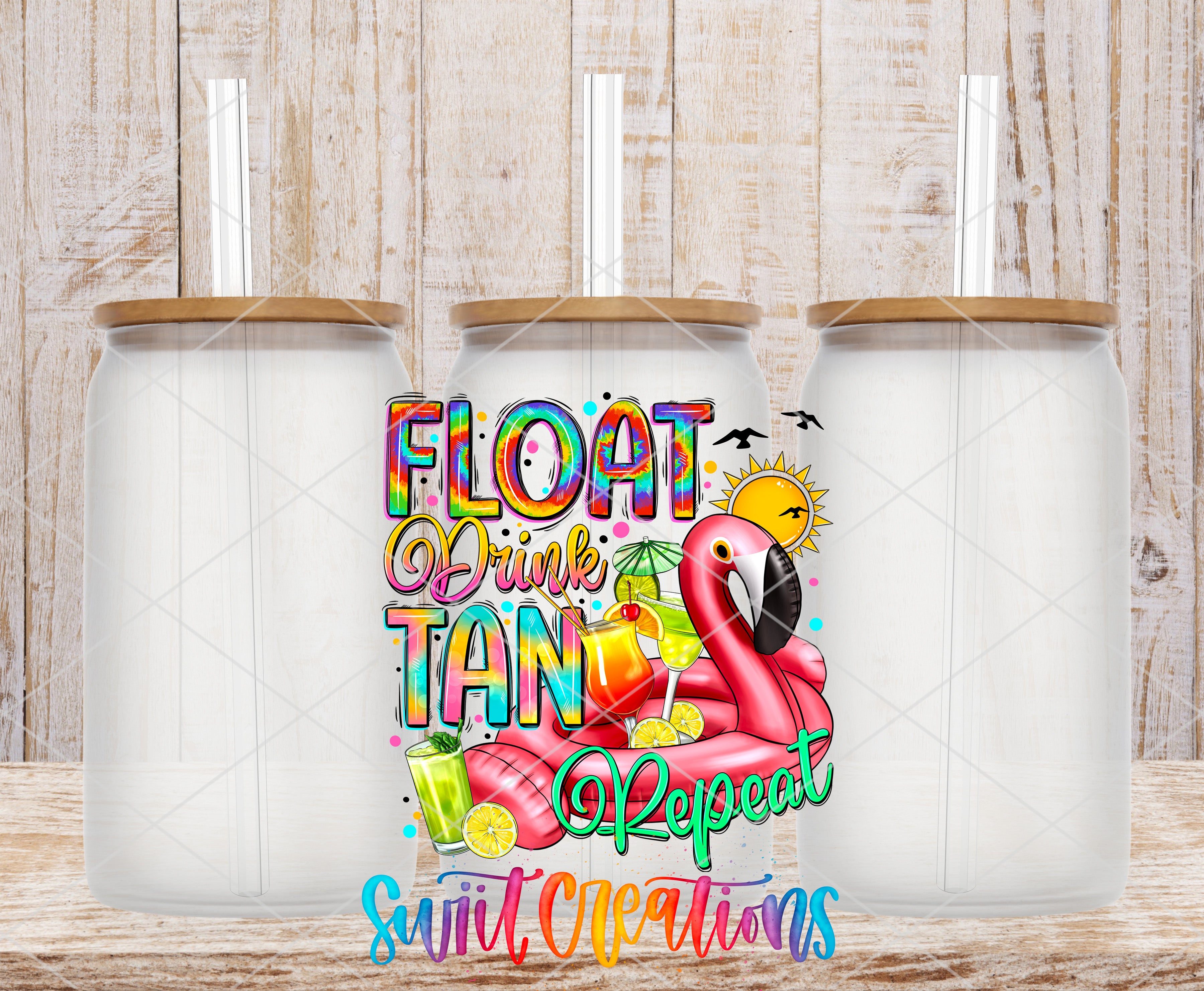 Swiit Creations UV DTF Float Drink Tan Repeat transfer shown on a clear glass can set