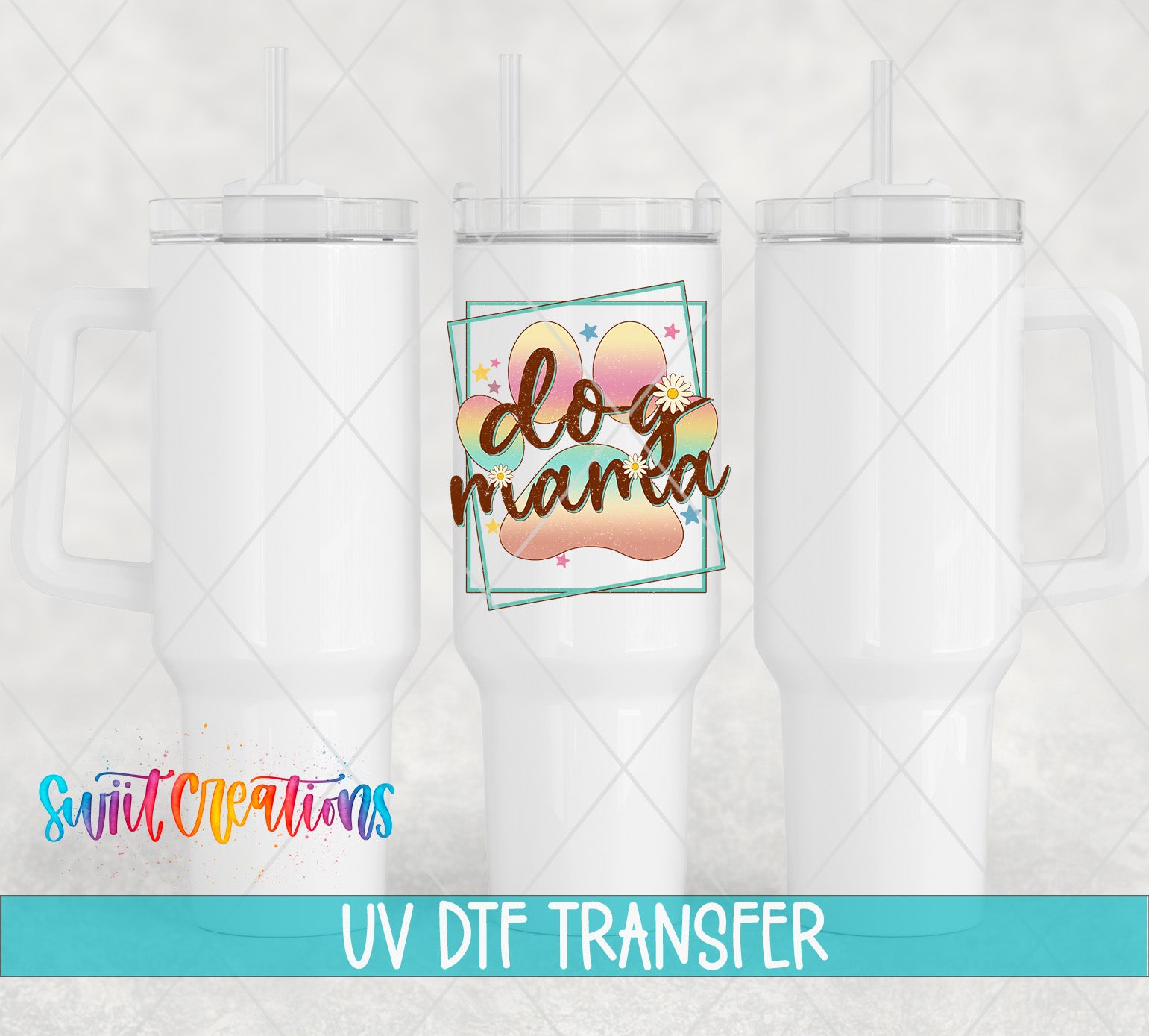 Three white tumblers featuring the Dog Mama Paw Print UV DTF transfer by Swiit Creations