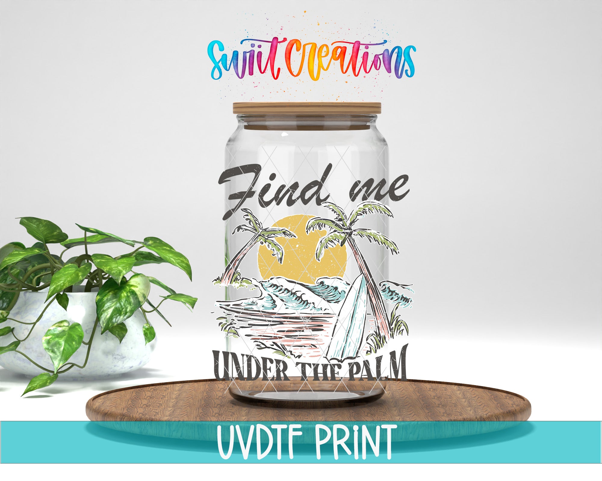 a glass jar with a tropical beach scene printed on it, placed on a wooden surface.