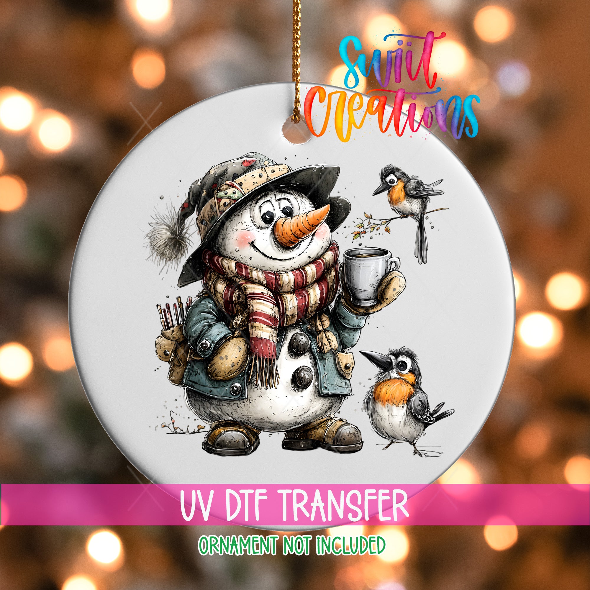 A snowman ornament with a bird perched on its shoulder, holding a cup, and a bird nearby, all set against a blurred background with Christmas lights.