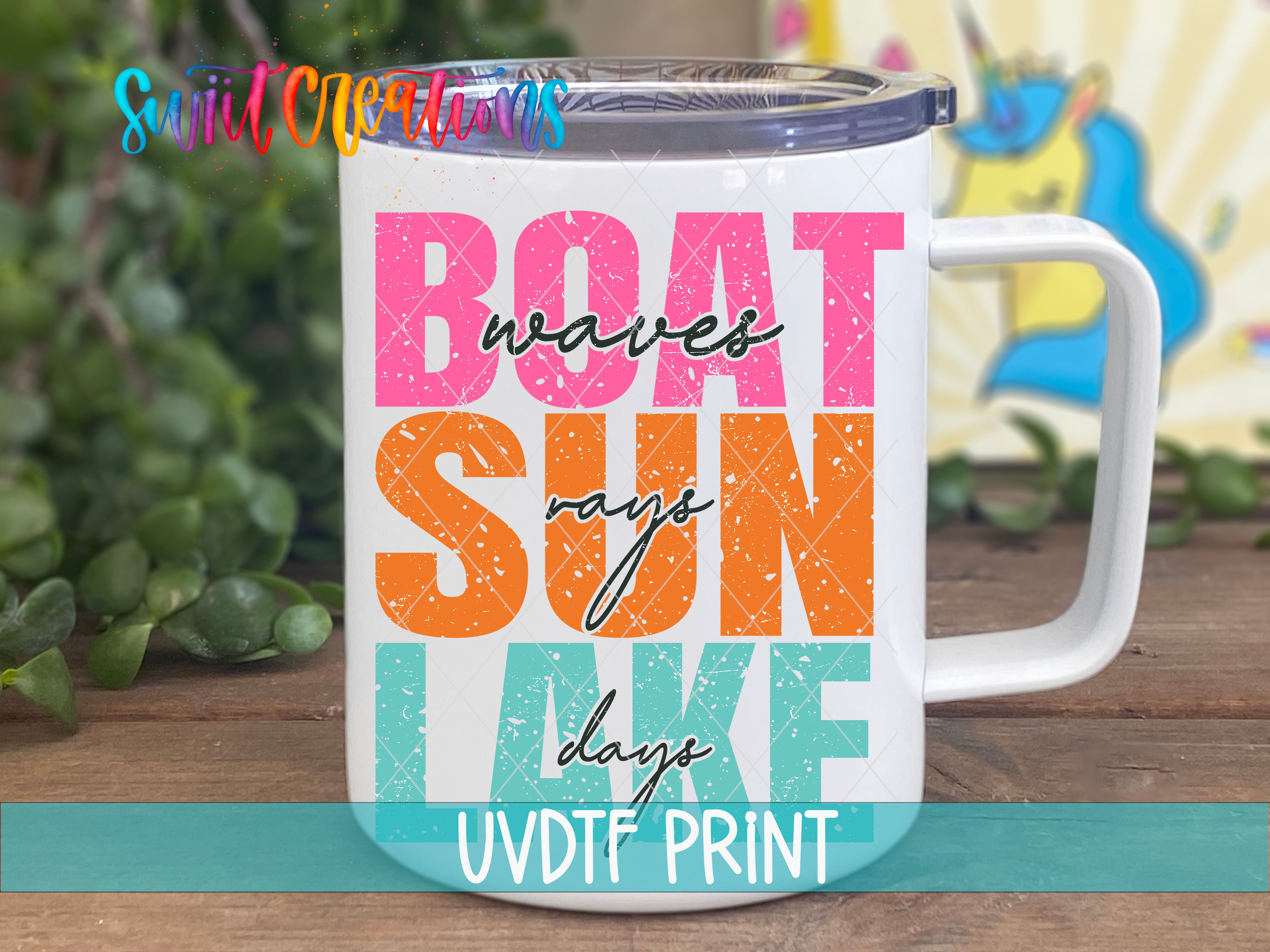 a coffee mug with the words boat, sun, and live on it