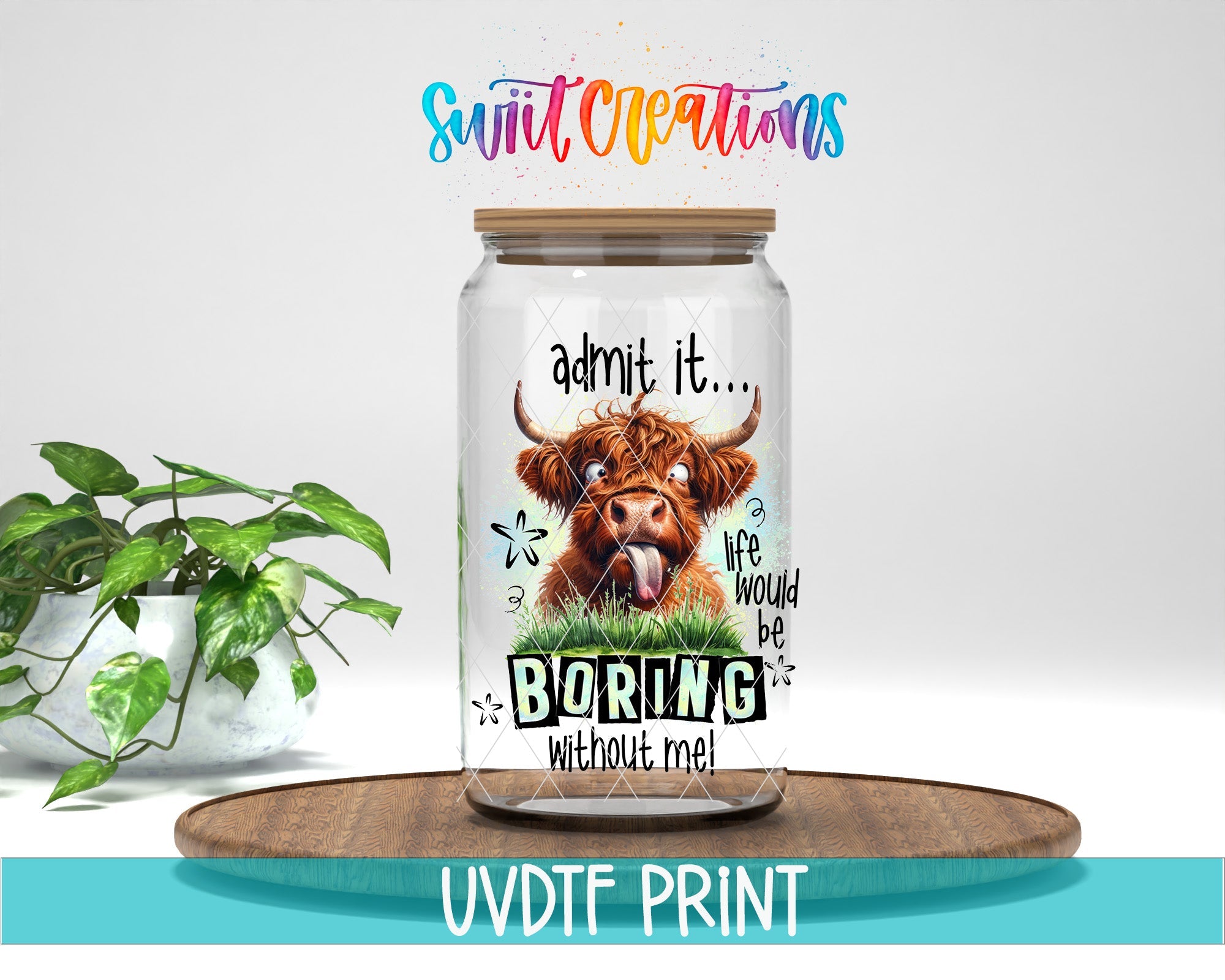 a glass jar with a picture of a cow on it