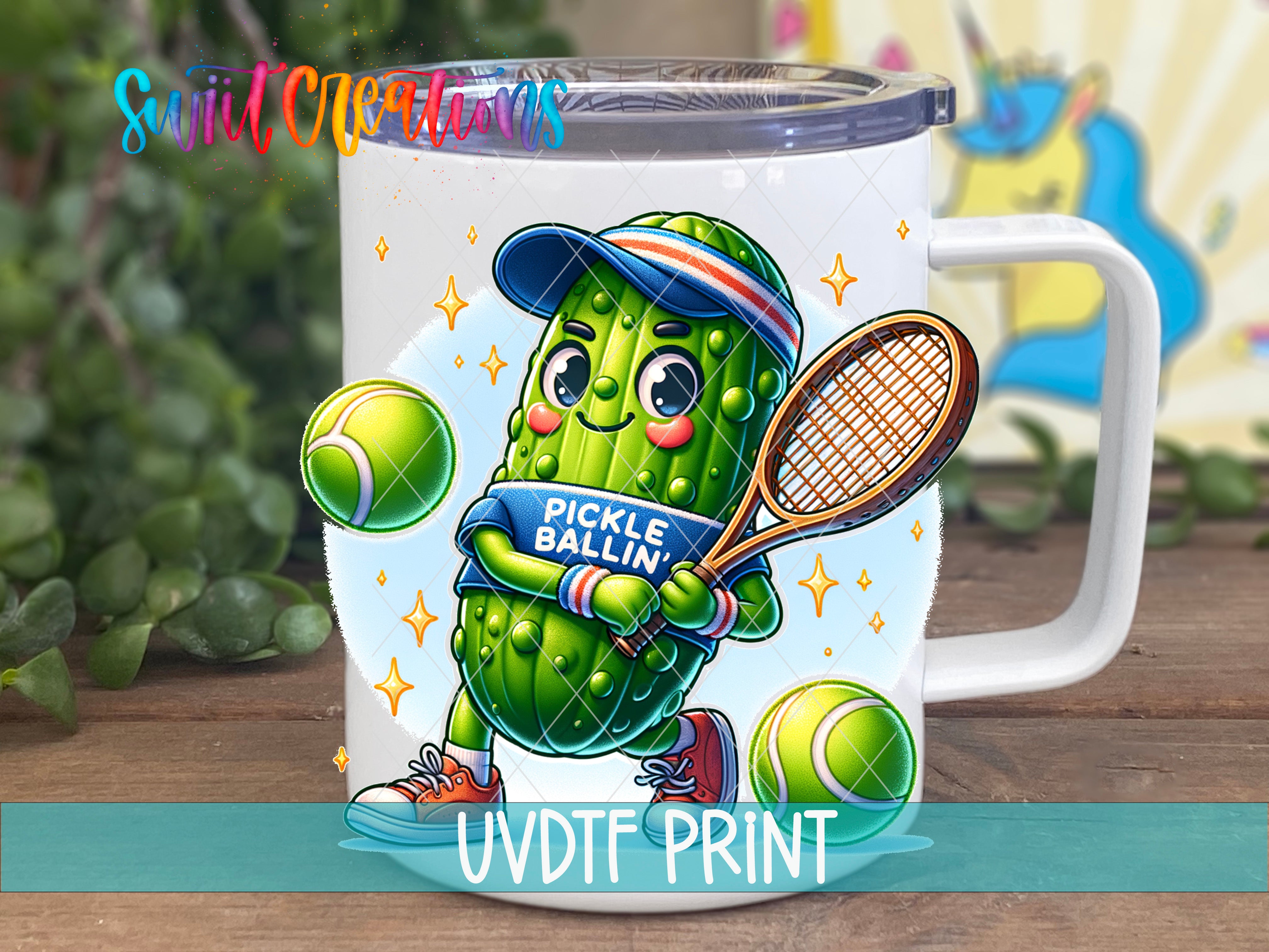 A mug with a cartoon image of a pickle wearing a tennis racket and holding a tennis ball, surrounded by tennis balls and a tennis racket.