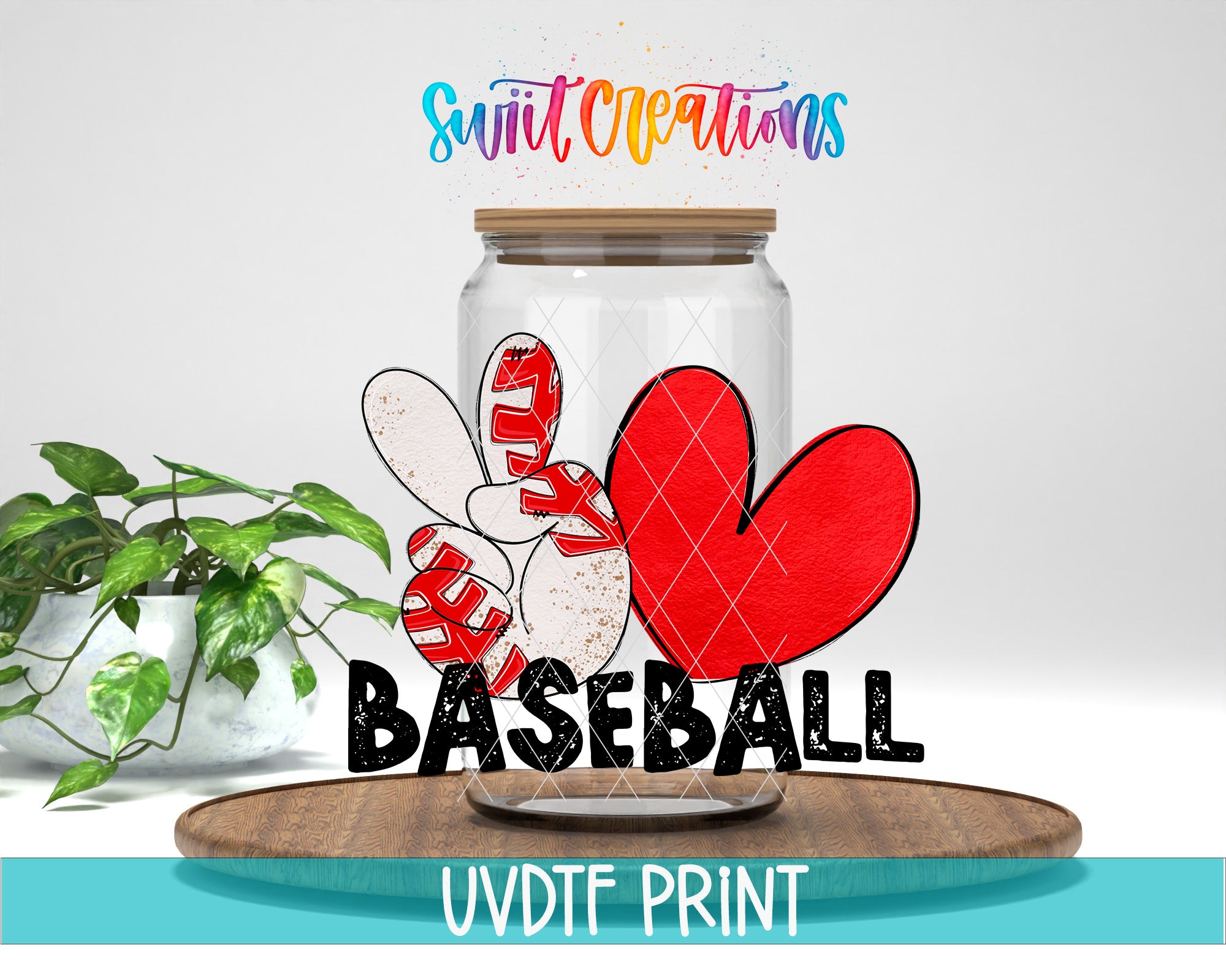 a baseball-themed graphic with a glass jar containing baseball-related items, such as a peace sign and a baseball. The text "Baseball" is prominently displayed, and the phrase "Swift Creations" is written above the jar. The background is a plain white wall, and there is a potted plant to the left of the jar.