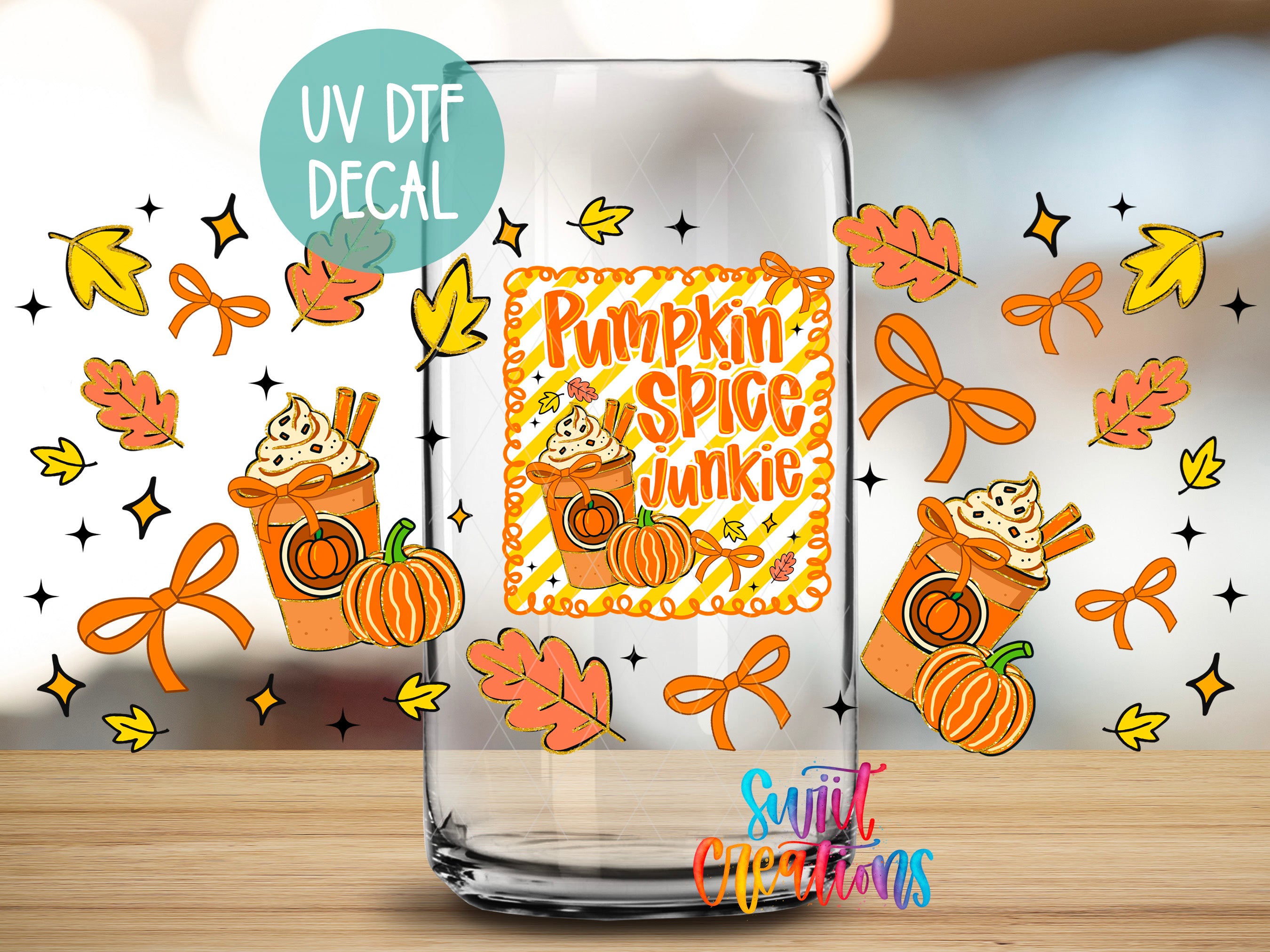 a glass jar with a pumpkin spice jinkle design, surrounded by autumn-themed elements such as leaves, pumpkins, and bows.