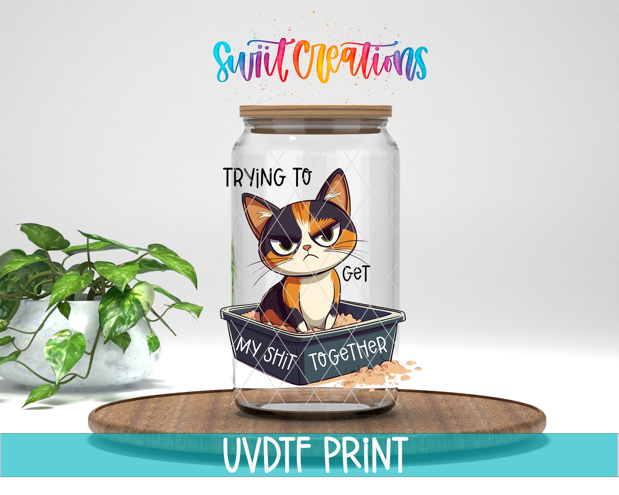 A jar with a cartoon cat inside, accompanied by the text "Trying to get my shit together" and "My shit together" written on it. The jar is placed on a wooden surface, and there is a potted plant in the background.