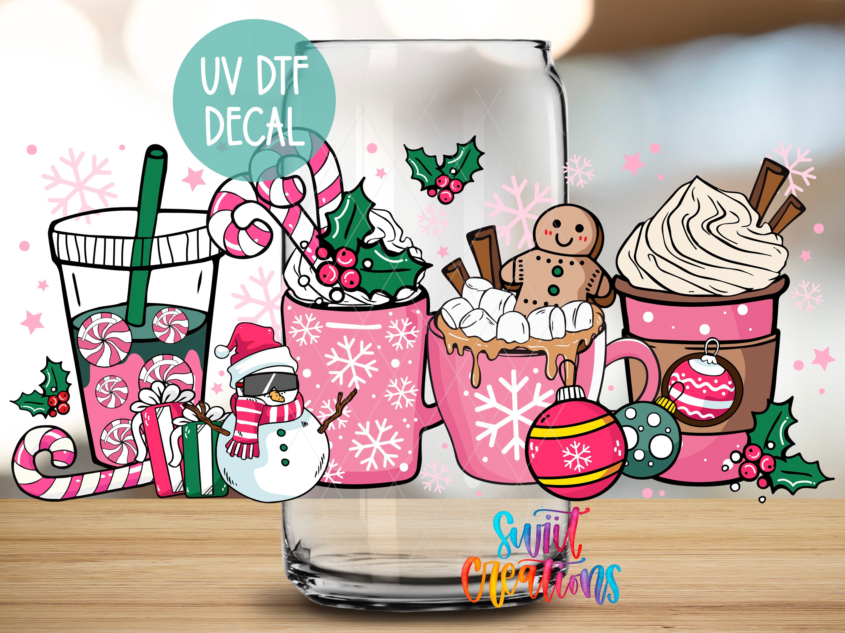 a glass with a picture of christmas items on it