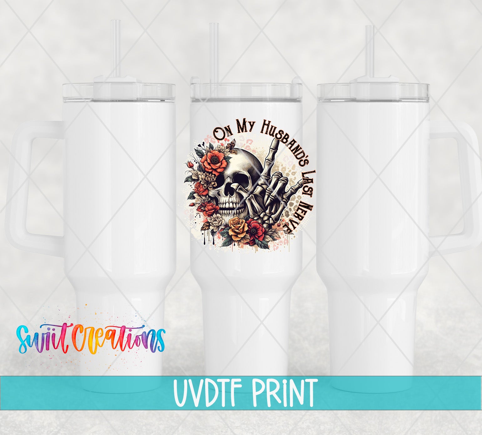 a white ceramic mug with a skull design and floral elements.