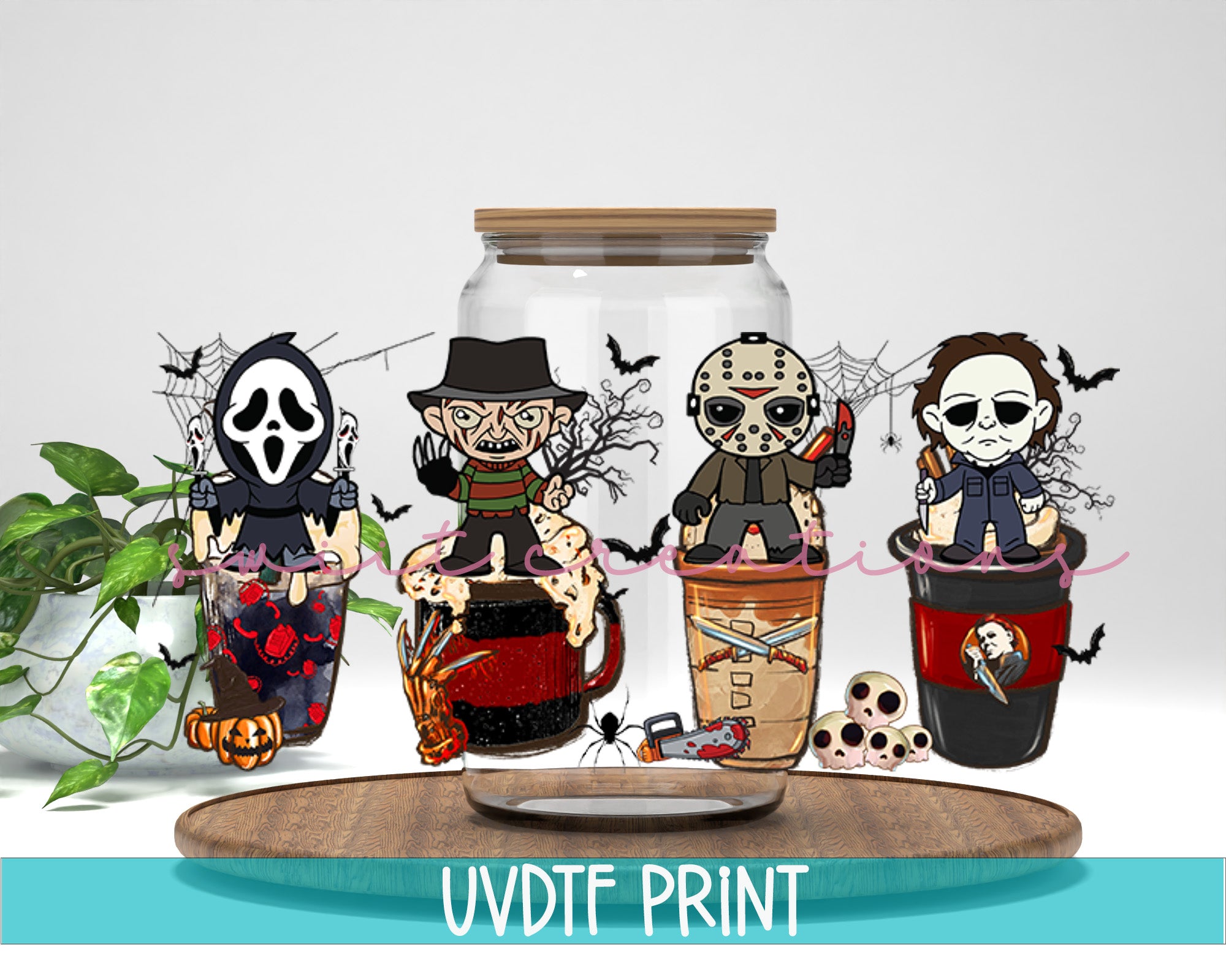 a table topped with vases filled with halloween decorations