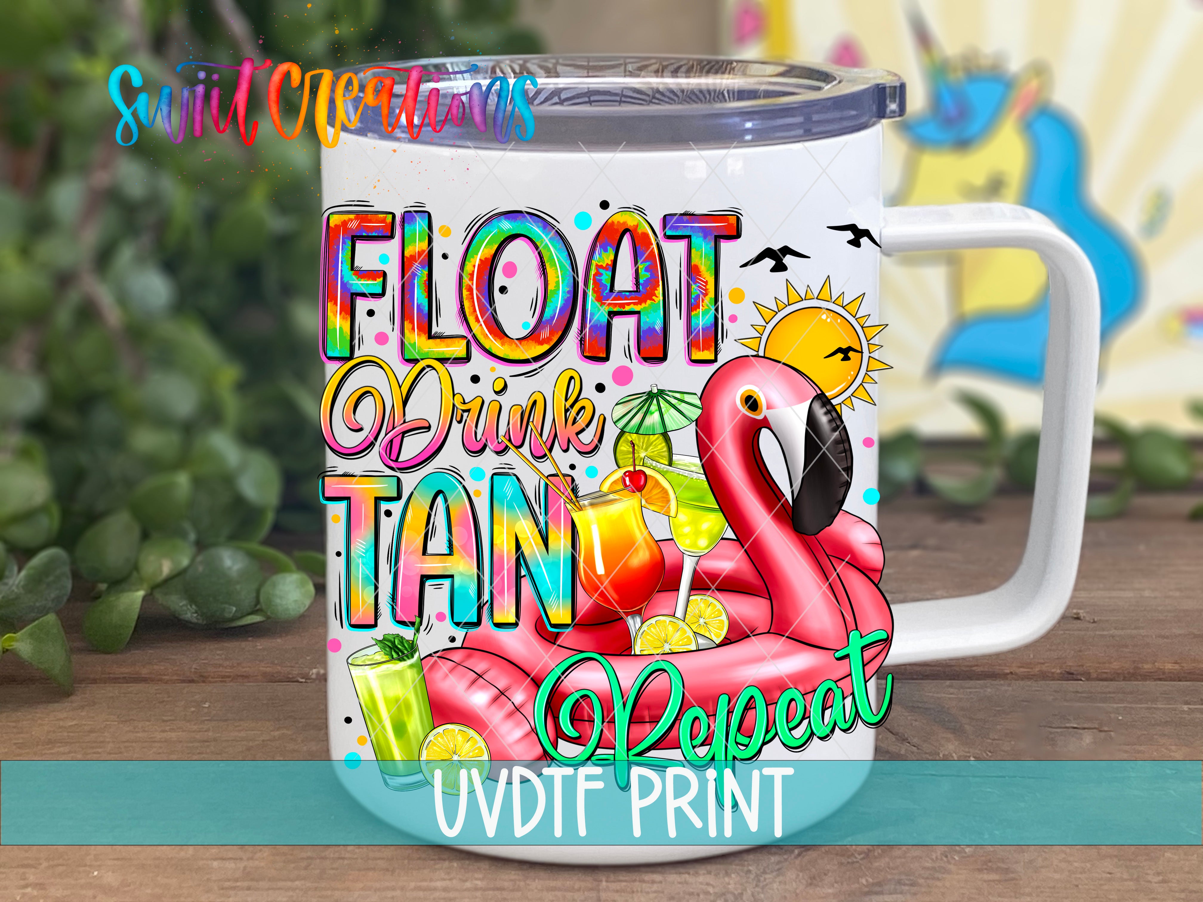 a white coffee mug with a flamingo design on it