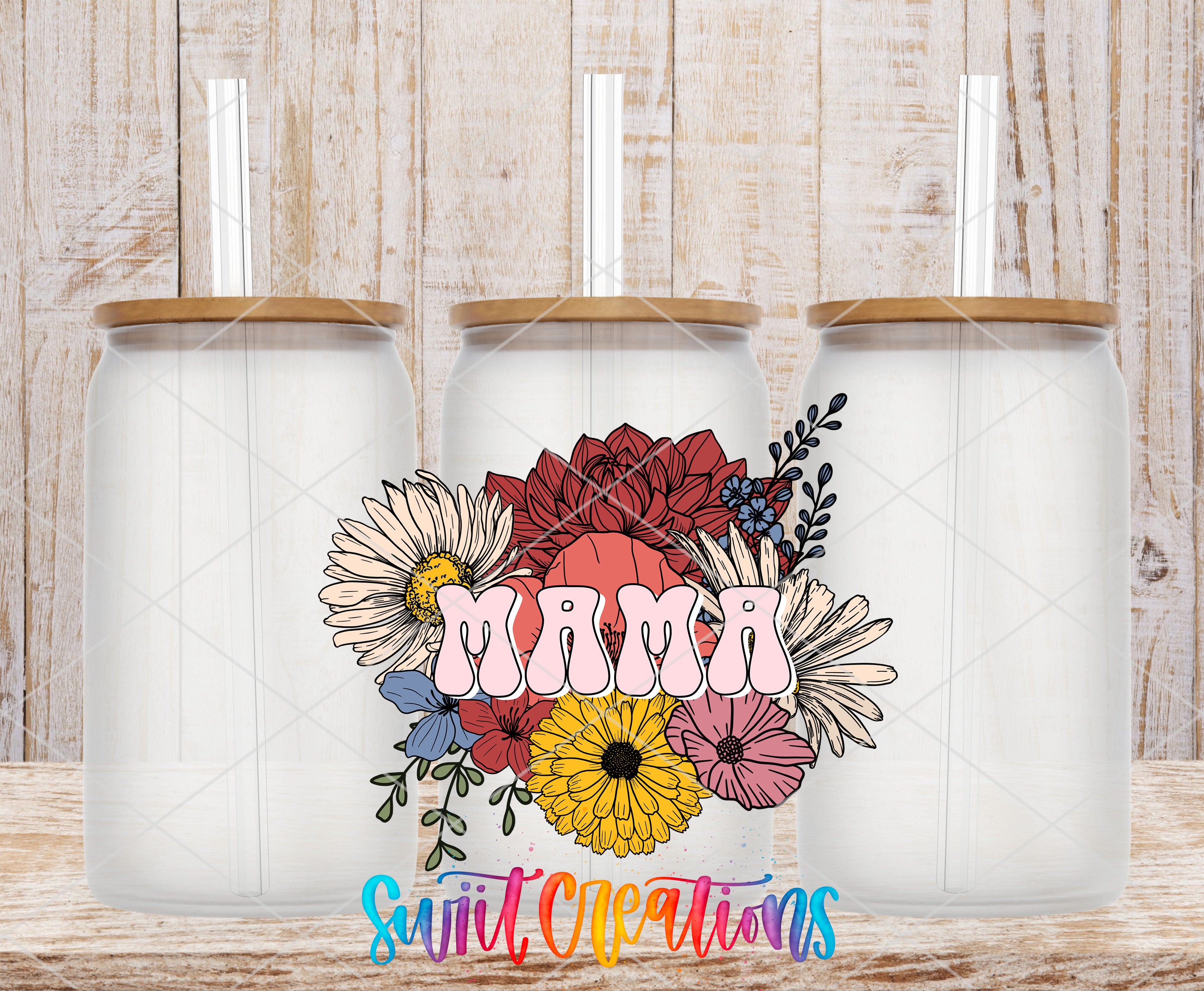 Swiit Creations UV DTF retro Mama floral transfer on a clear glass can set