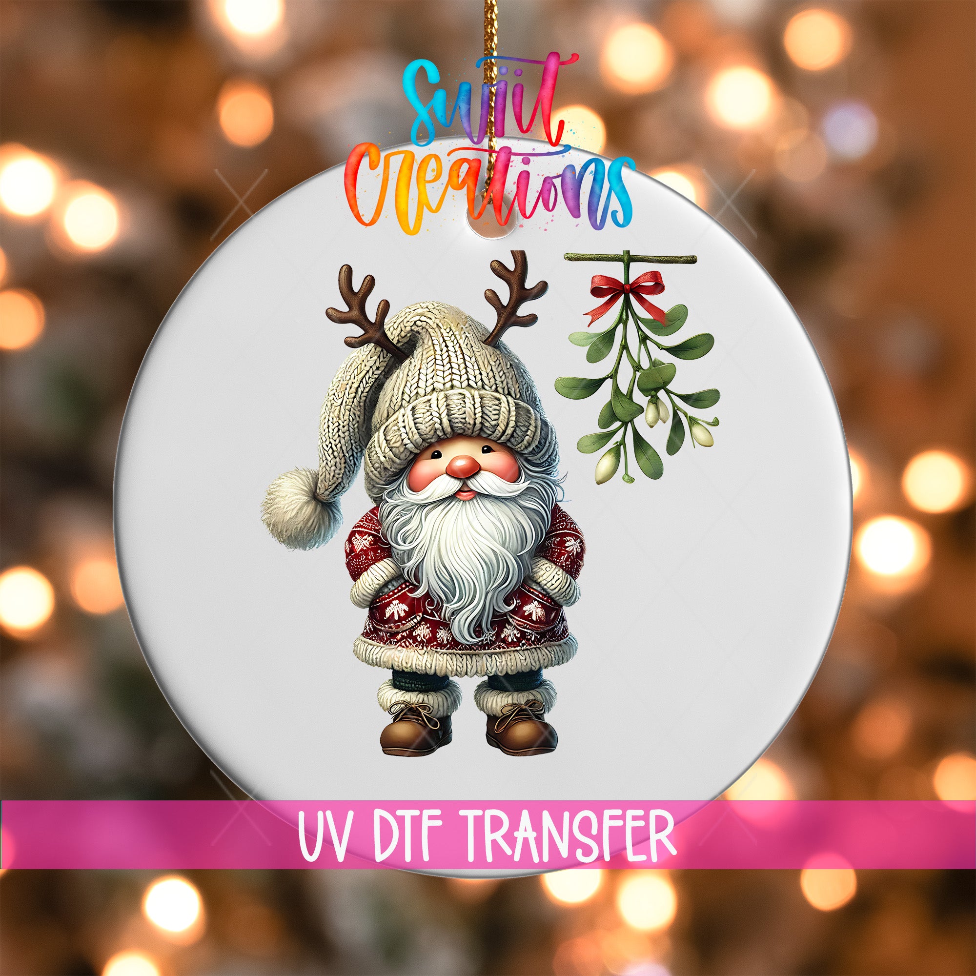 A white ornament with a Santa Claus figure and a mistletoe plant, along with the text "Sweet Creations" and "UV Dtf Transfer".