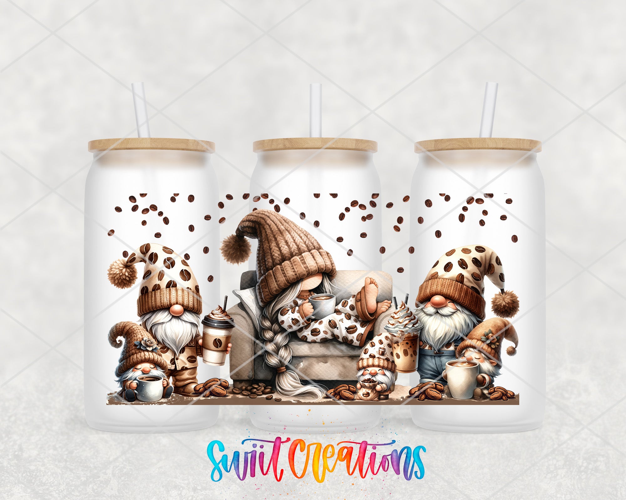A collage of three white coffee canisters with illustrations of gnomes wearing hats and holding coffee cups, along with coffee beans scattered around the cans.