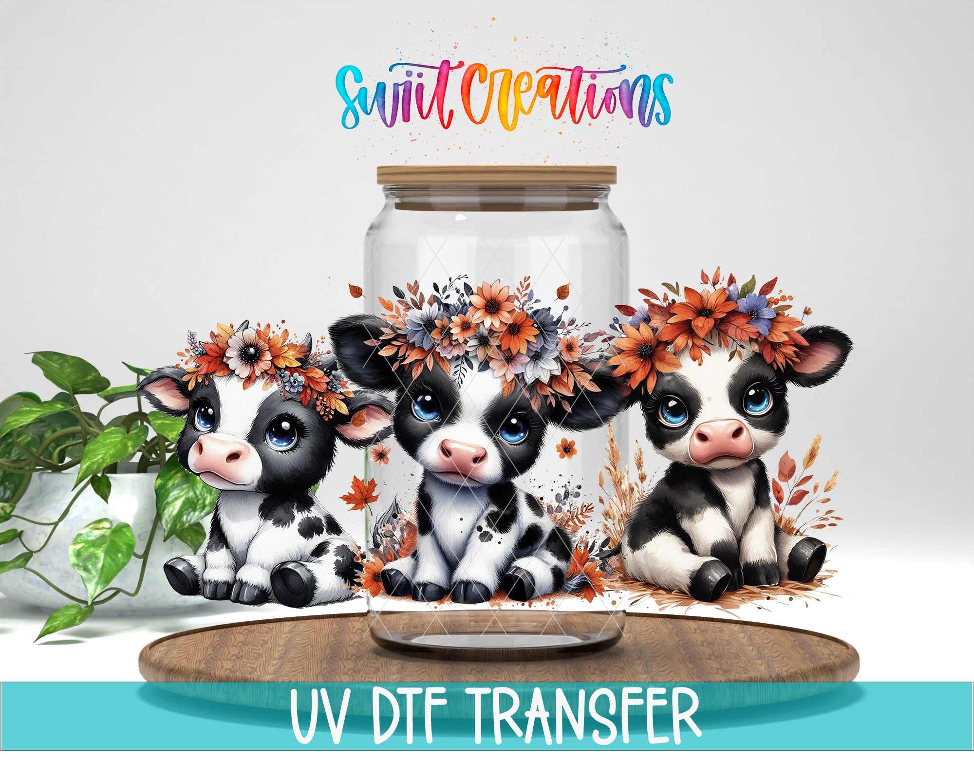 Three cartoon cows with flower crowns sitting inside a glass jar, with the text "Swift Creations" above them.