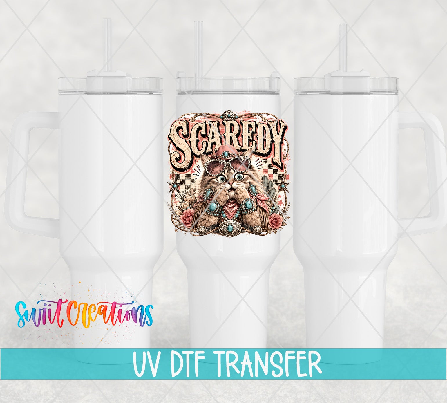 a white ceramic mug with a colorful graphic design on it, including a cat and floral elements. The mug is placed between two other white ceramic mugs, and there is text at the bottom of the image that reads "UV DFT TRANSFER".
