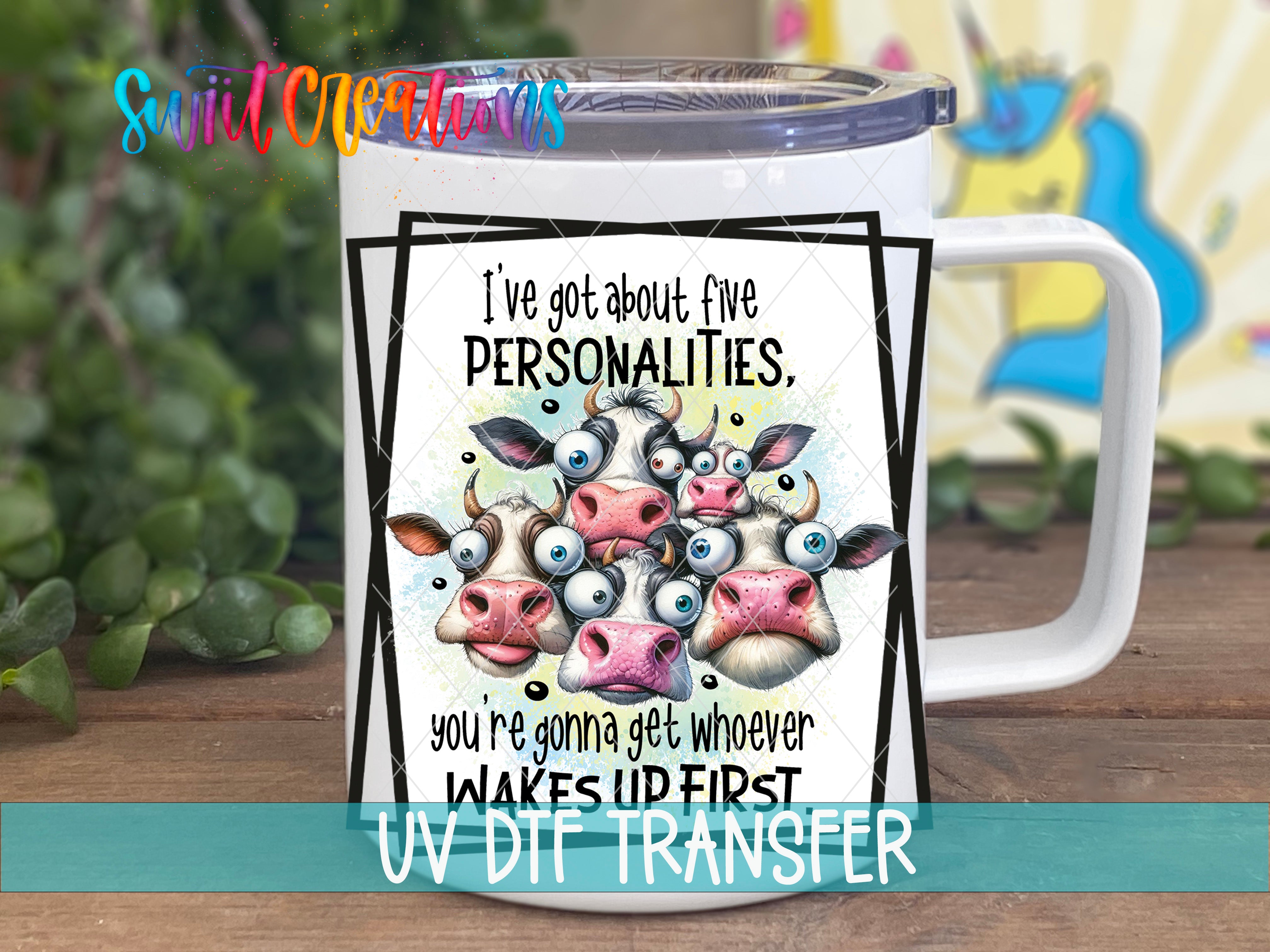Swiit Creations UV DTF Five Personalities Cow transfer displayed on a white coffee mug