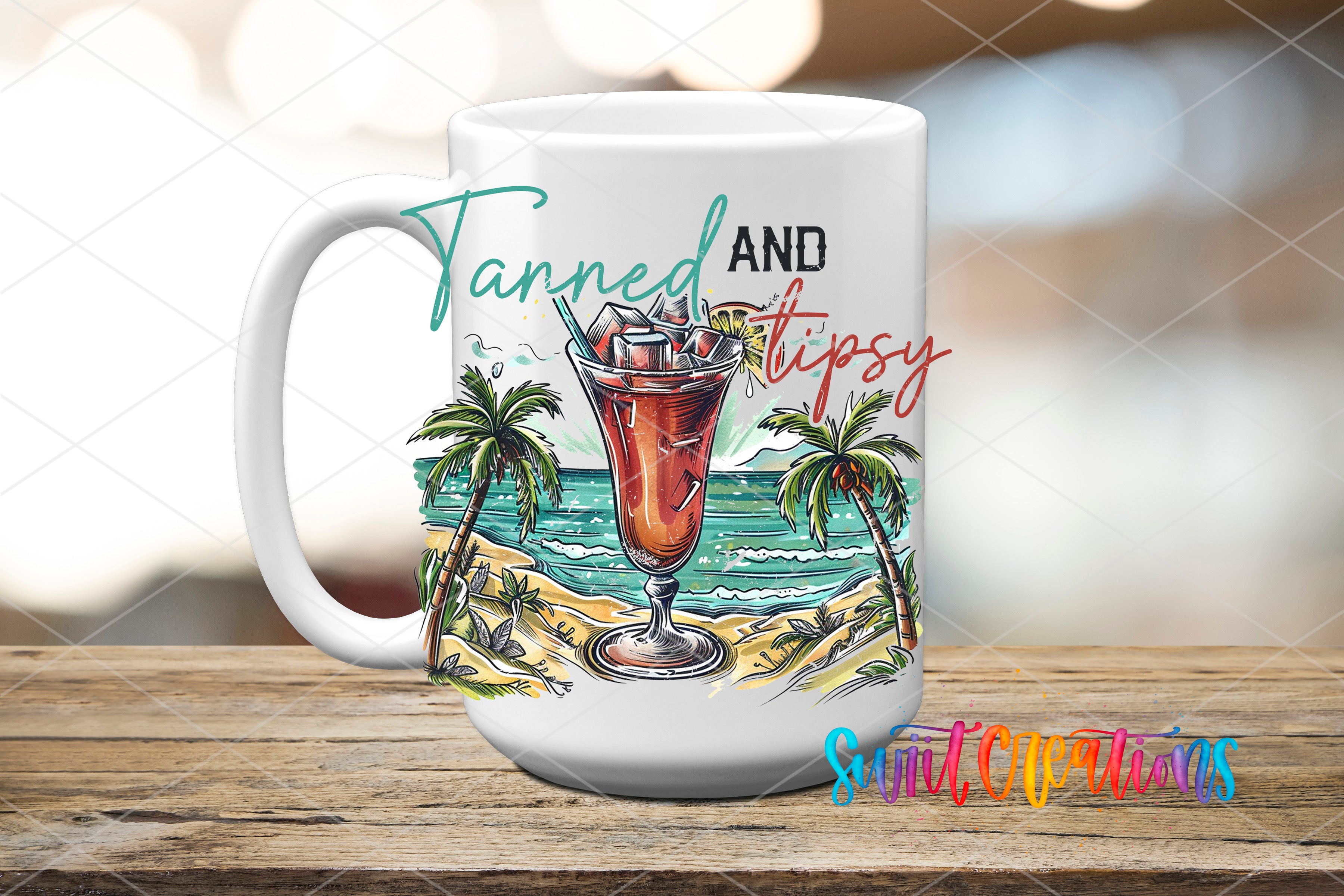 Swiit Creations UV DTF Tanned And Tipsy Beach Cocktail transfer applied to a white ceramic mug