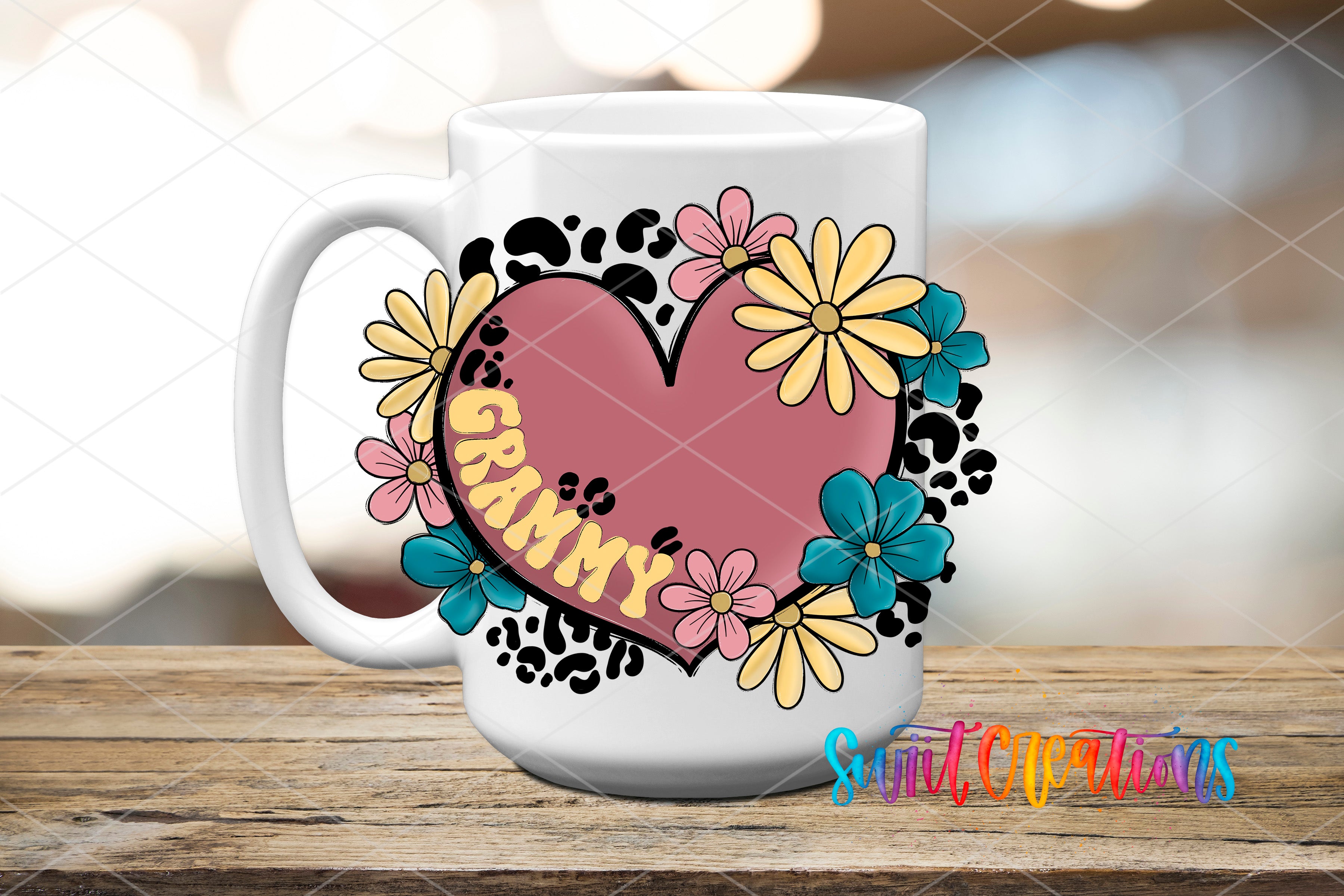 Swiit Creations UV DTF Floral Heart Grammy transfer applied to a white ceramic mug