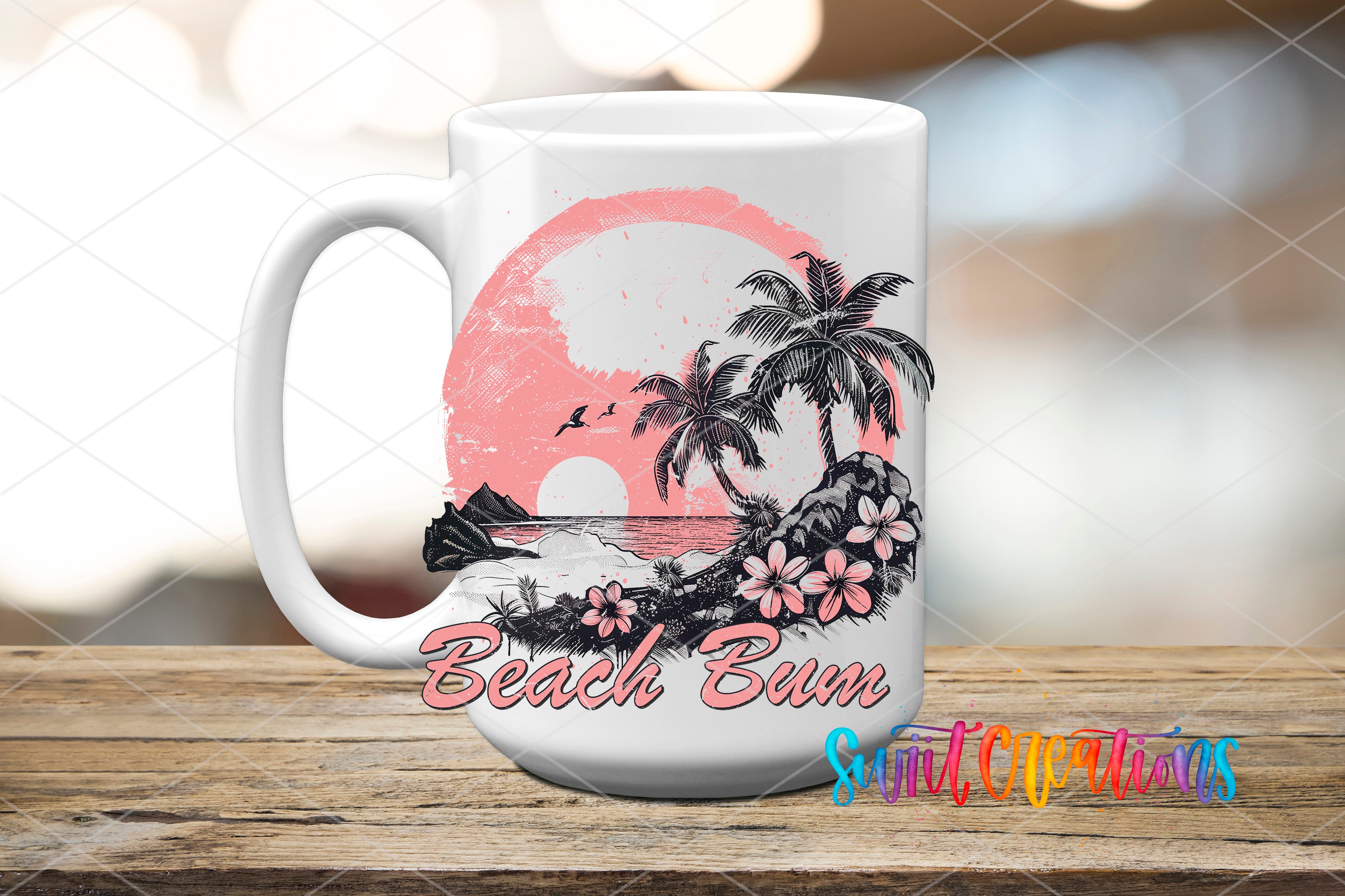 Swiit Creations UV DTF Beach Bum Tropical Sunset transfer applied to a white ceramic mug