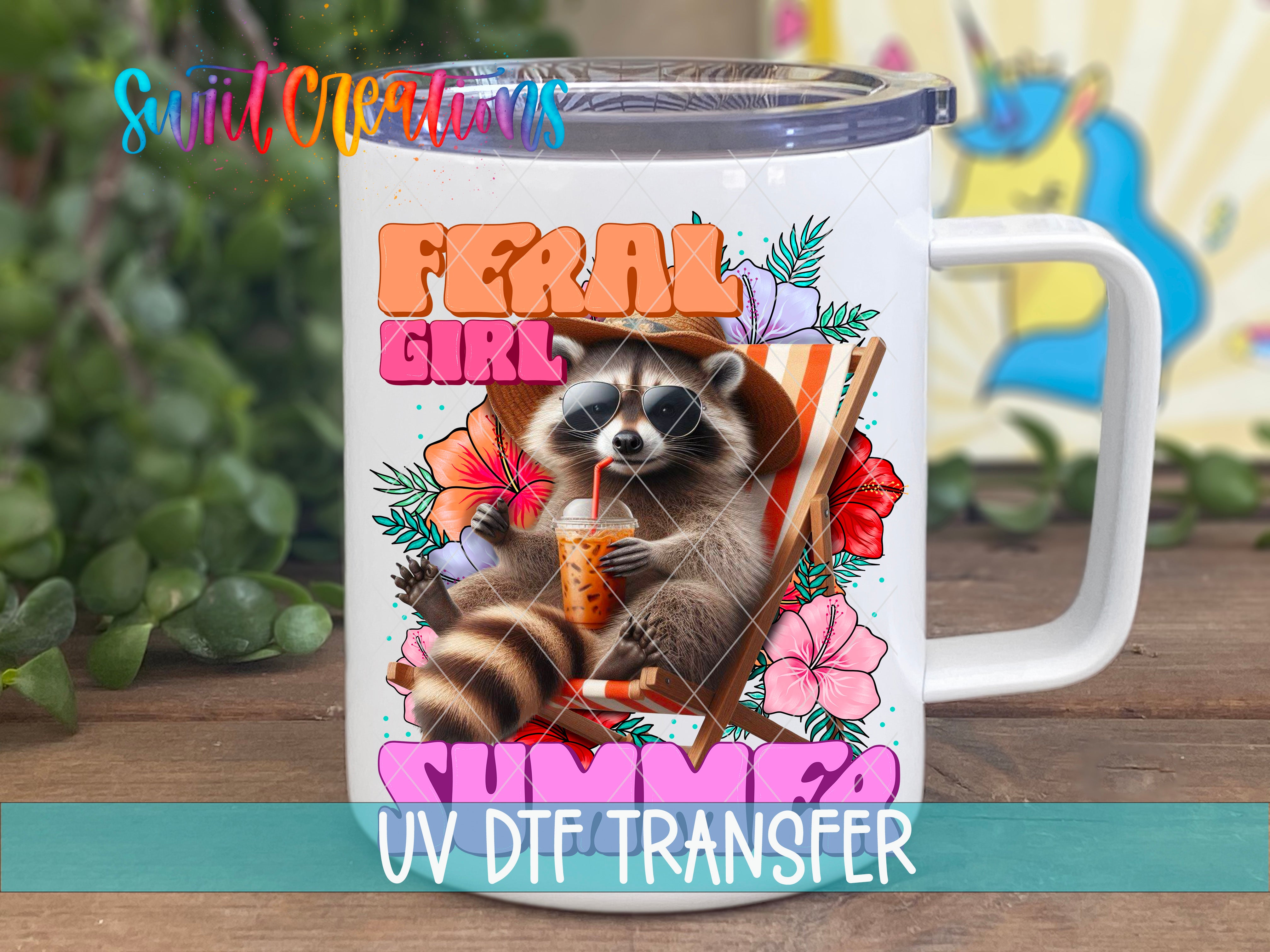 Swiit Creations UV DTF Feral Girl Summer transfer displayed on a white coffee mug