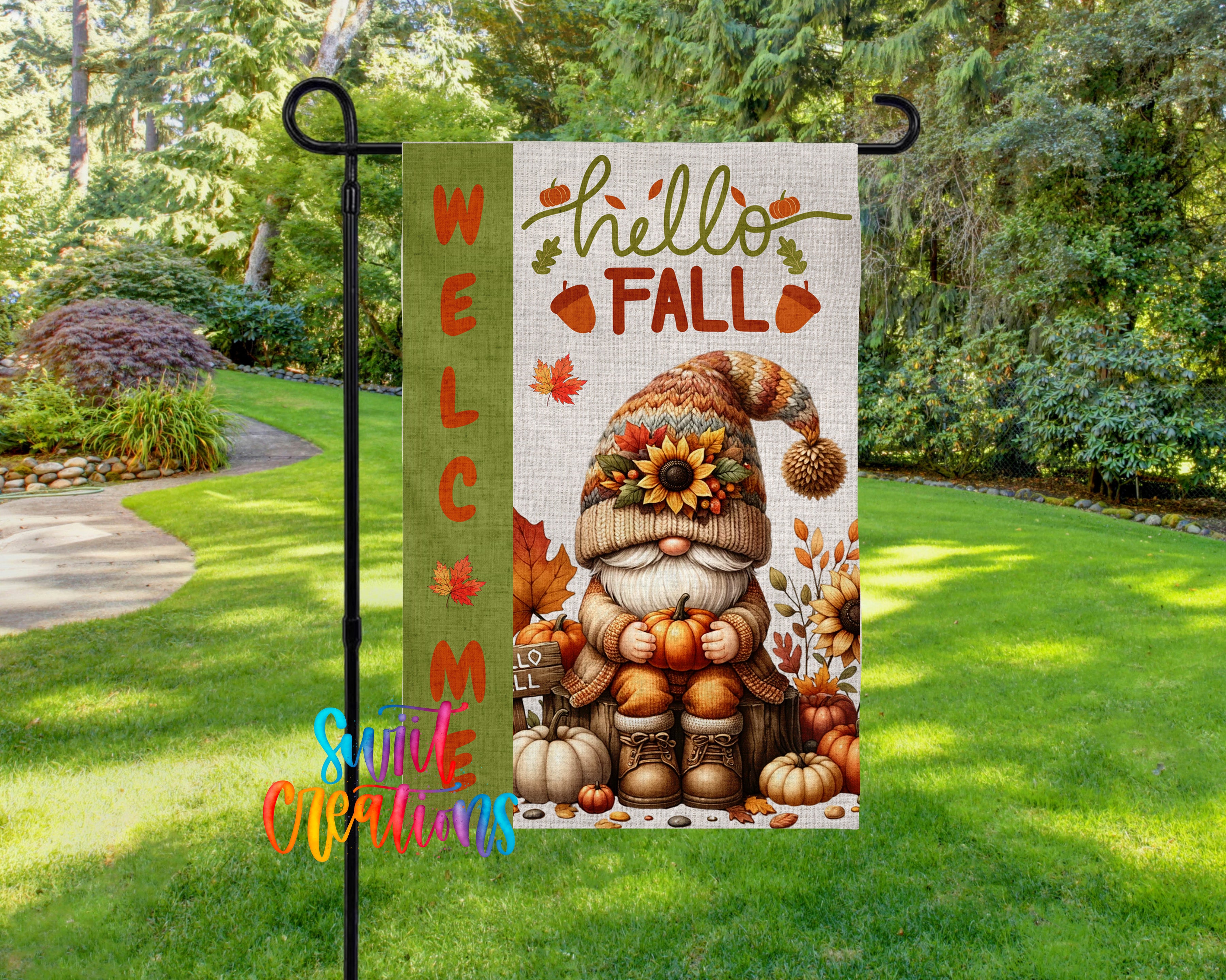 A colorful welcome sign featuring a gnome holding a pumpkin and surrounded by autumn leaves and pumpkins, with the text "WELCOME TO FALL" displayed prominently.