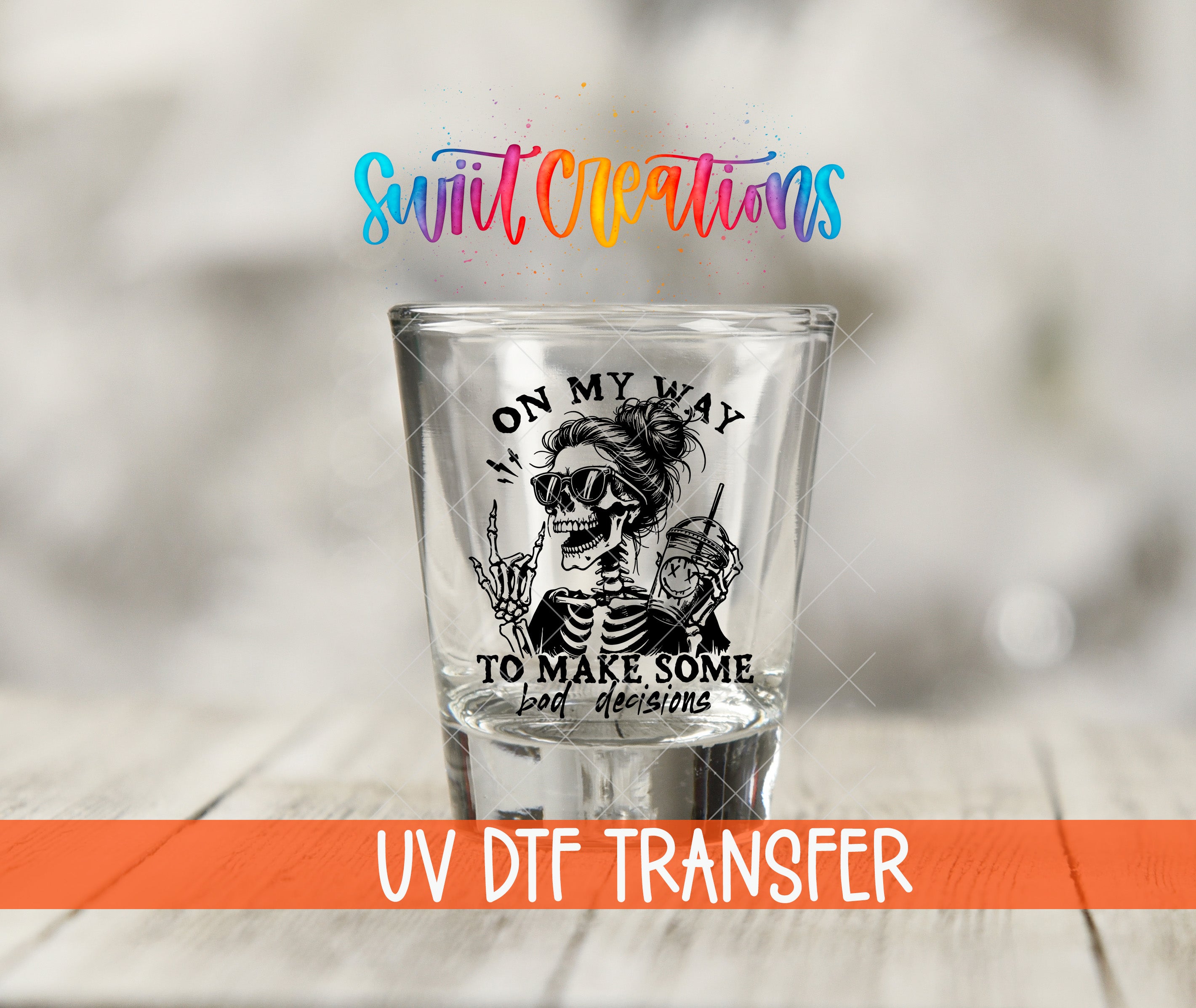 A shot glass with a skeleton design and text printed on it, along with a colorful logo and text overlay.