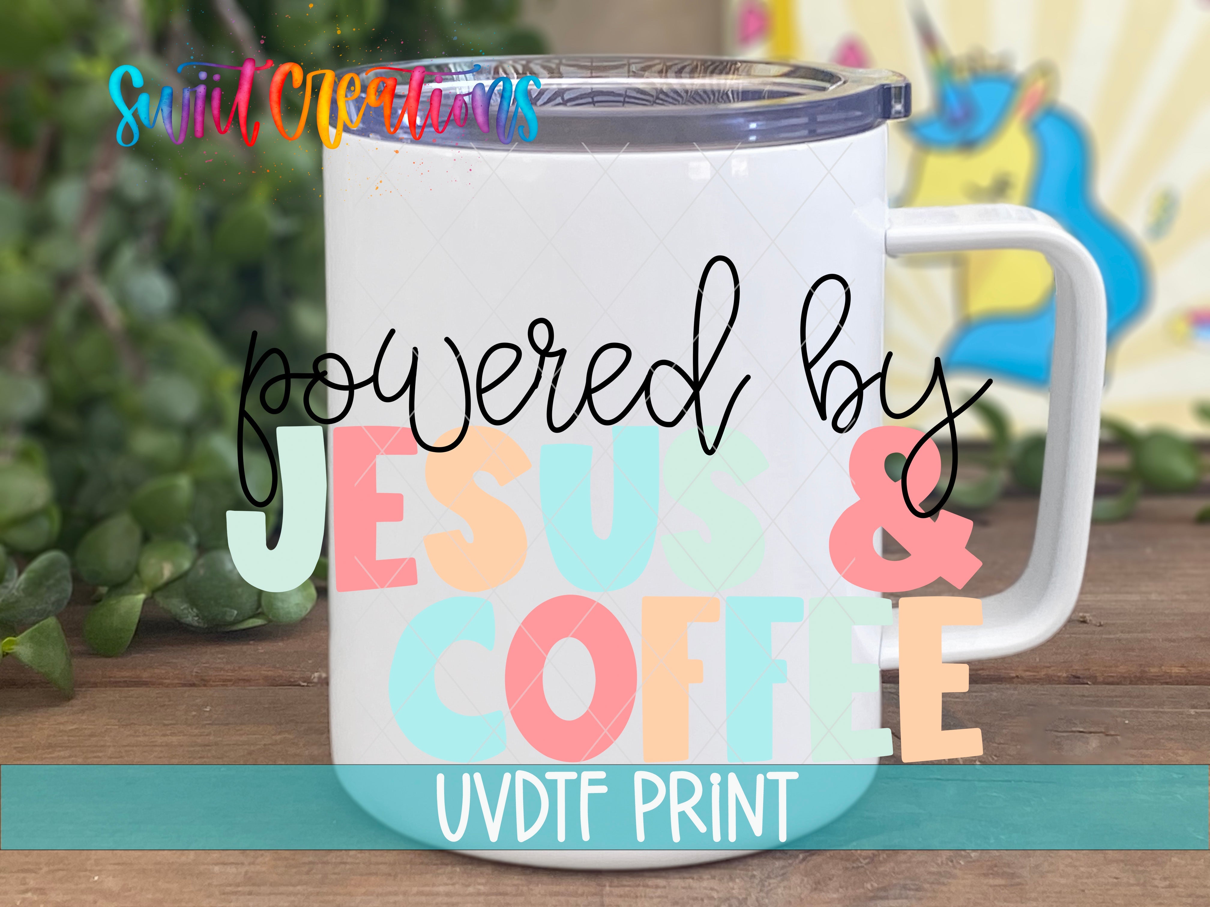 a white coffee mug with the words joy loved by jesus and coffee on it
