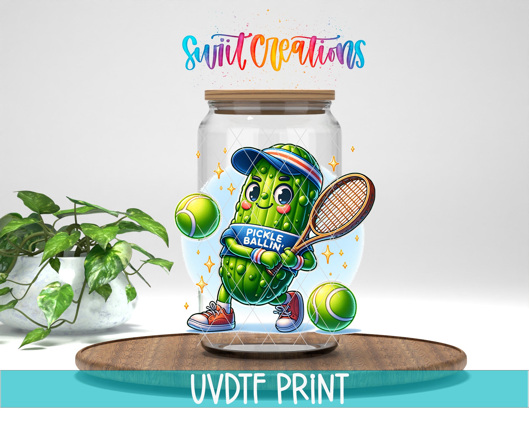 A glass jar with a cartoon pickle wearing a tennis racket and holding a tennis ball, surrounded by tennis balls and a potted plant.
