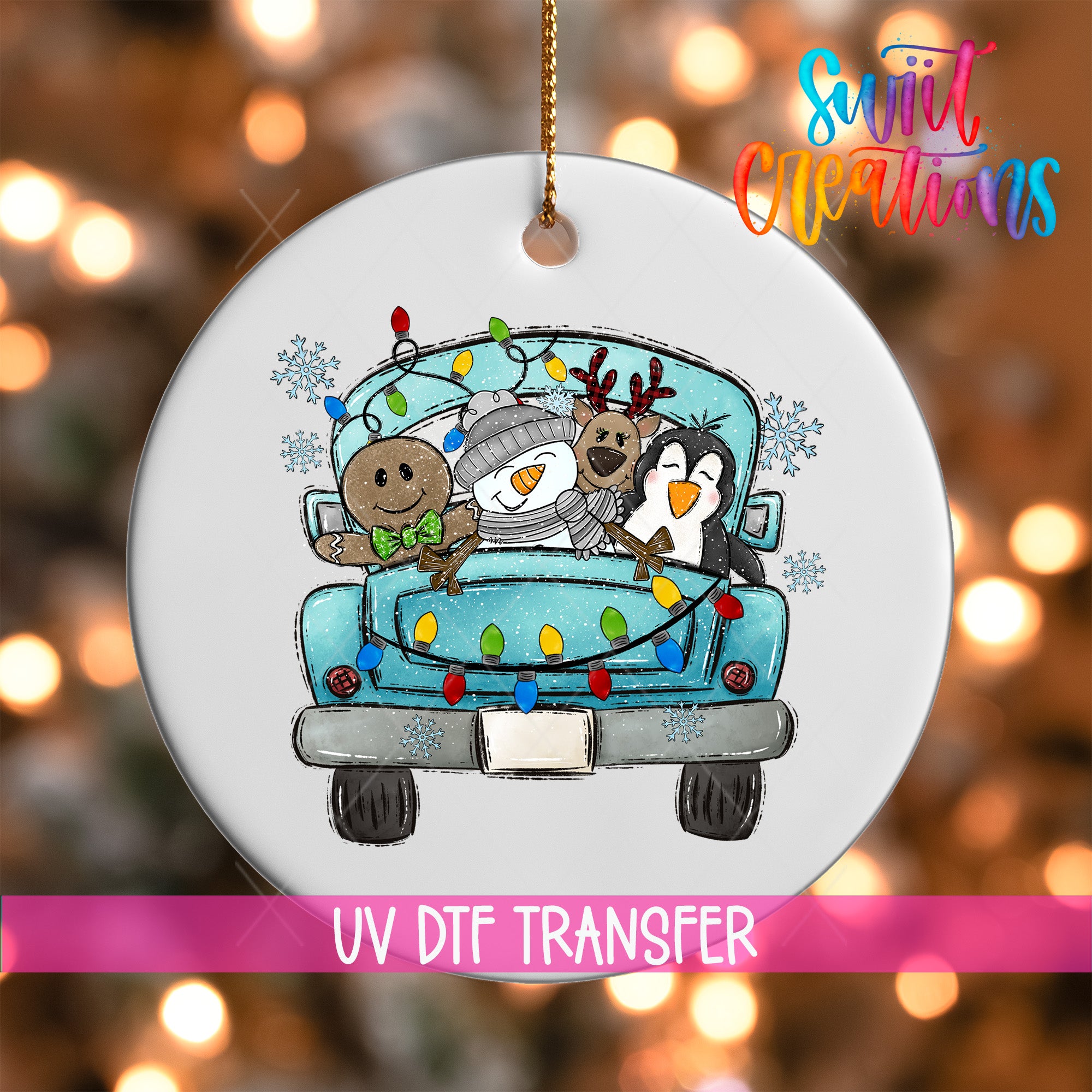 A white ornament with a cartoon illustration of a truck decorated with Christmas lights and various holiday-themed characters, including a snowman, reindeer, and penguin.