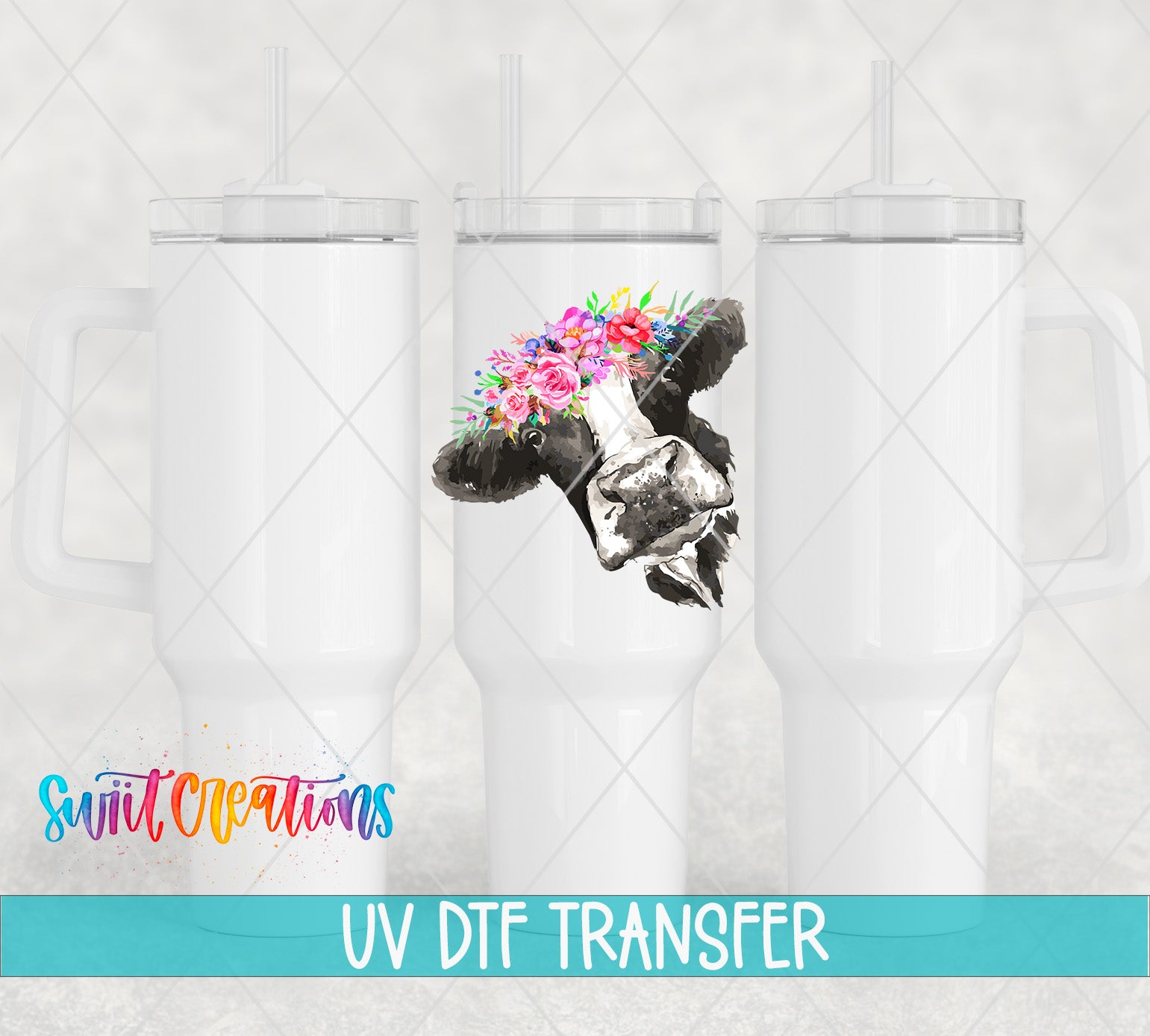 Swiit Creations UV DTF pink floral cow transfer on a white tumbler mockup